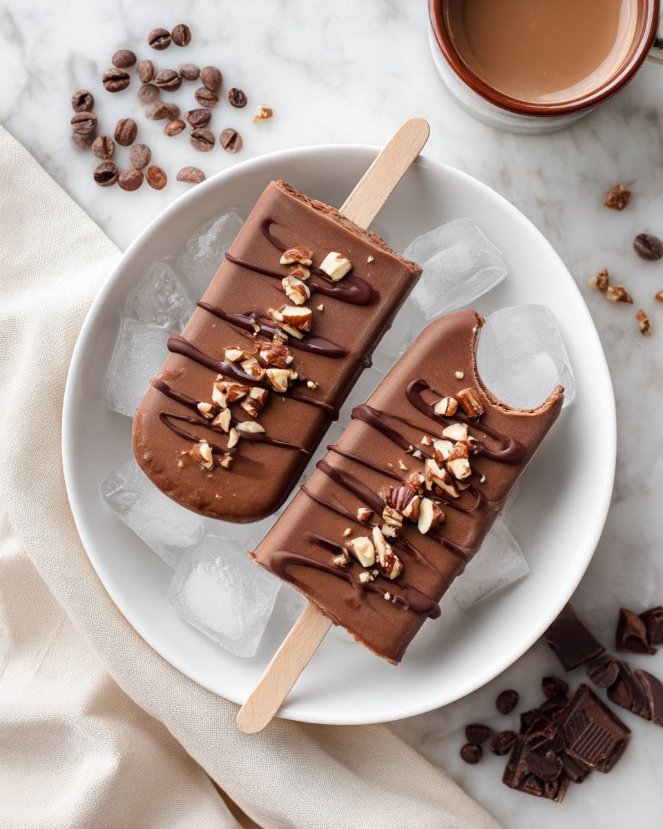 Two chocolate popsicles are placed in a round white bowl on a white marbled surface. Each popsicle has a smooth, dark chocolate coating with a drizzle of lighter chocolate across the top, and small pieces of nuts sprinkled over them. One popsicle has a bite taken out, showing the rich chocolate inside. Wooden sticks peek out from the bottom of the popsicles. In the background, there is a woven basket with chocolate chips and a small cup with a light brown liquid, next to a white cloth. The photo has a cozy and appetizing feel. photo taken with an iphone --ar 4:5 --v 7