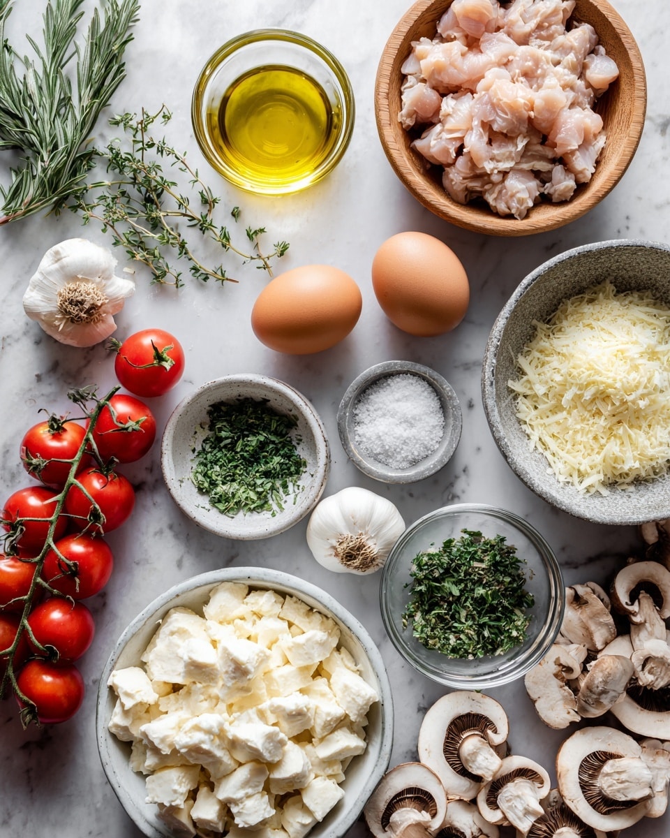 An overhead view of a white marbled surface holding ingredients arranged in a flat lay style: at top center is a small clear glass bowl with golden oil, to its right a small wooden bowl filled with diced raw light pink chicken, below that two brown eggs sit beside a few garlic bulbs. Below the oil and chicken are a small grey bowl of coarse salt, a tiny clear glass bowl of grated pale yellow cheese, and a larger grey bowl of finely chopped green herbs. At bottom left is a white bowl piled high with white cubed cheese. To the right of the bowl of cheese is a bunch of small bright red cherry tomatoes still on the vine, scattered across the surface alongside some sprigs of fresh green herbs. Several whole and sliced mushrooms rest near the top left corner. A woman’s hand is holding some rosemary sprigs on the bottom left. photo taken with an iphone --ar 4:5 --v 7