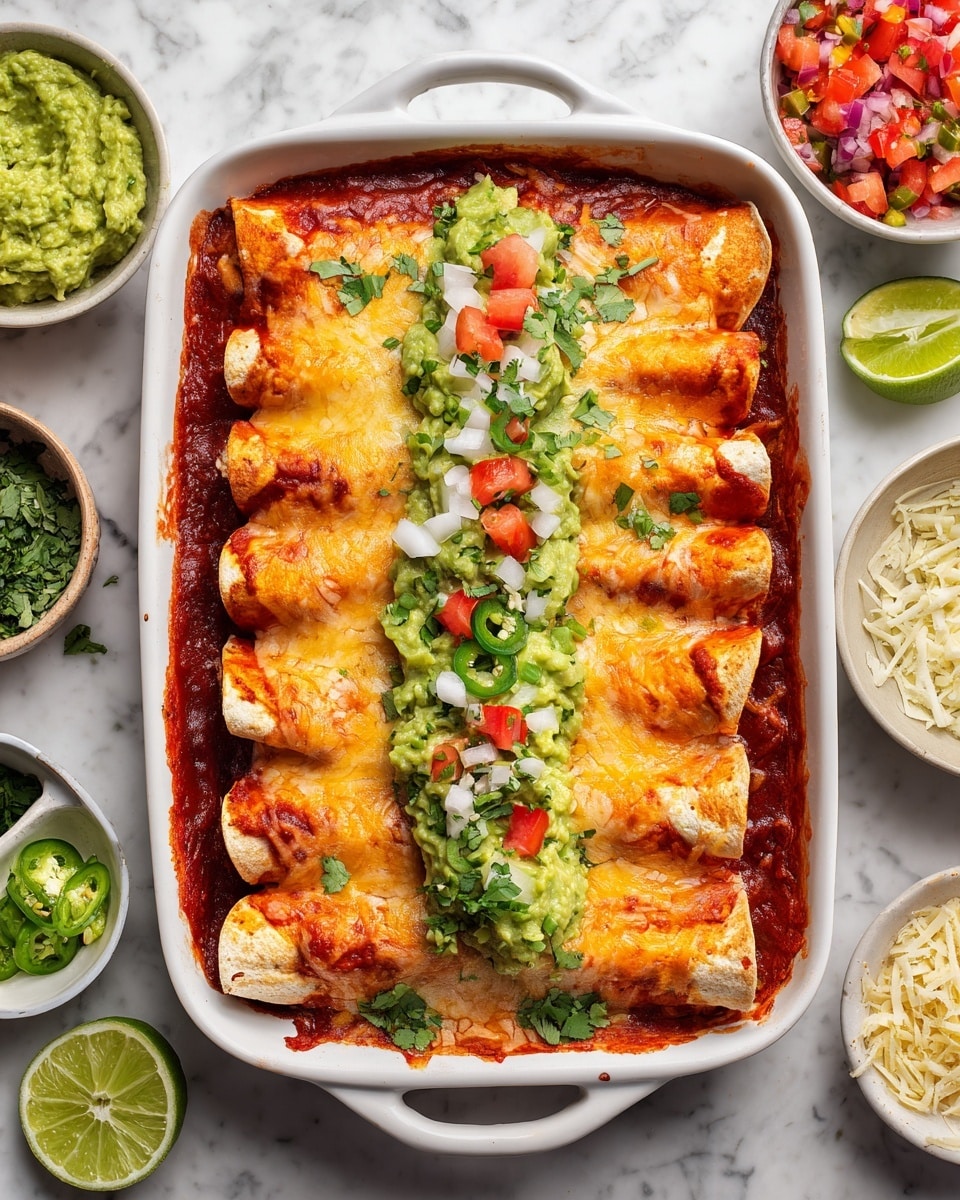 A white rectangular baking dish filled with a layer of red sauce, topped by rolled enchiladas covered in melted light golden cheese. The enchiladas are arranged in three rows with each roll showing slightly browned edges. Across the center is a line of green guacamole, bright red diced tomatoes, chopped white onions, thin green jalapeño slices, and scattered fresh green cilantro leaves. The dish sits on a white marbled surface with small bowls around it containing guacamole, grated cheese, fresh lime wedges, and a colorful salsa mix. photo taken with an iphone --ar 4:5 --v 7