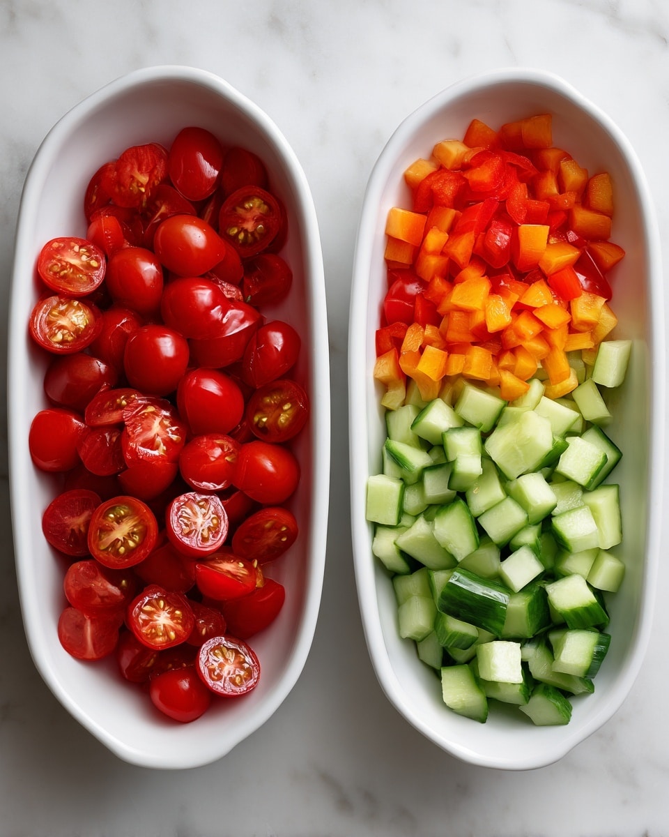 Two white oval bowls sit side by side on a white marbled surface. The left bowl is filled with bright red cherry tomatoes, each sliced in halves and quarters, showing their juicy inner texture with seeds visible. The right bowl holds two layers of chopped vegetables: the top layer is small, evenly diced pieces of bright orange-red bell pepper, while the bottom layer features cubed light and dark green cucumber pieces with a fresh look and visible skin texture. The arrangement is neat and colorful, showing fresh raw ingredients. Photo taken with an iphone --ar 4:5 --v 7