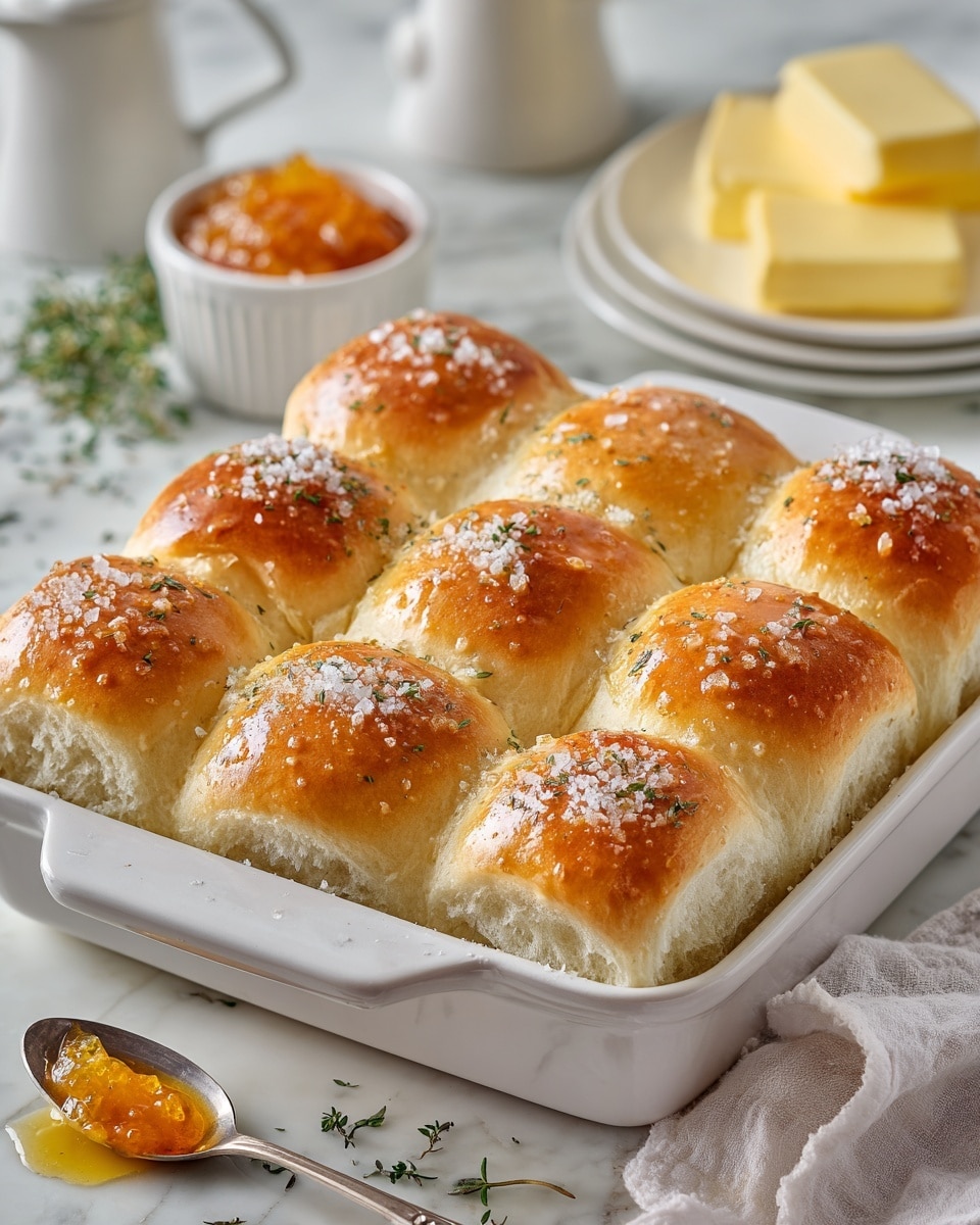 The image shows a square, white ceramic baking dish filled with nine soft dinner rolls arranged in three rows and three columns. Each roll has a golden-brown top with a shiny, slightly glossy texture sprinkled with coarse sea salt, while the sides are a light creamy color that looks fluffy and soft. The dish is placed on a white marbled surface with scattered green herbs around it. In the background, there is a small white ramekin with a chunky orange condiment and a white plate holding sliced yellow butter with a spoon resting on the side. A spoon with some butter on it lies near the front left edge of the baking dish. The photo taken with an iphone --ar 4:5 --v 7