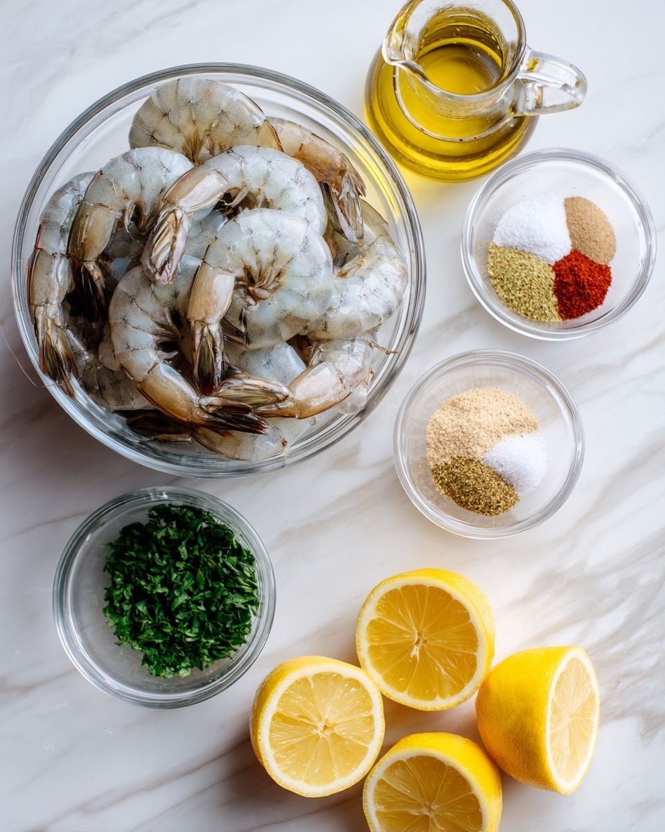 A clear glass bowl filled with raw shrimp, showing light gray and white translucent textures with dark tails, placed on a white marbled surface. To the right, a white bowl holds five spices arranged in small piles: red, white, green, tan, and beige powders. Below the shrimp bowl, a smaller clear glass bowl contains chopped green herbs. Near the bottom are two lemon halves displaying bright yellow, juicy interiors. To the right of the lemons is a glass cruet filled with light golden olive oil, all on the white marbled background. Photo taken with an iphone --ar 4:5 --v 7