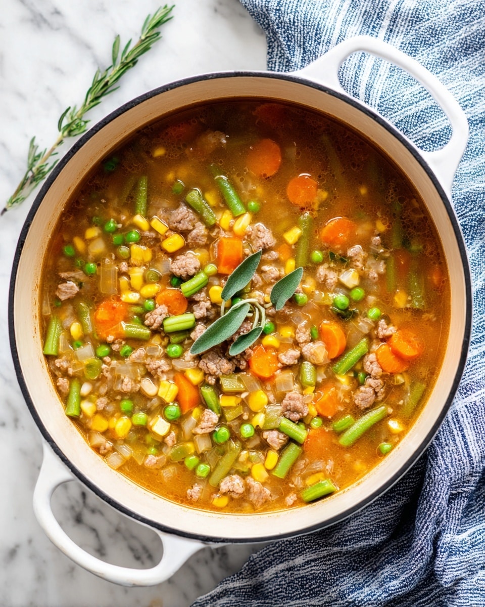A white bowl filled with a stew containing light brown chunks of chicken pieces mixed with bright green peas, celery, and green beans, yellow corn kernels, and small orange carrot cubes. The stew has a light brown broth coating the ingredients, and a sprig of fresh sage with soft green leaves is placed on top as garnish. The bowl sits on a white marbled surface with a striped blue and white cloth napkin draped nearby, along with loose sage leaves scattered around. A silver fork rests to the right of the bowl. photo taken with an iphone --ar 4:5 --v 7