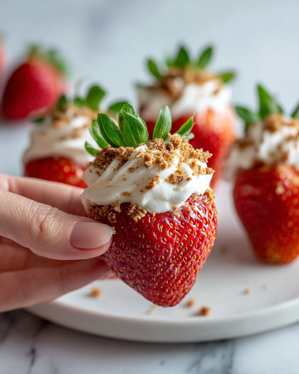 A close-up of a woman's hand holding a bright red strawberry with its green leaves on top, filled with a fluffy white cream layer and sprinkled with golden brown crumbs on top; in the background, several more strawberries with white cream and crumbs sit on a white plate, all placed on a white marbled surface that softly blurs in the distance, creating a fresh and inviting look, photo taken with an iphone --ar 4:5 --v 7