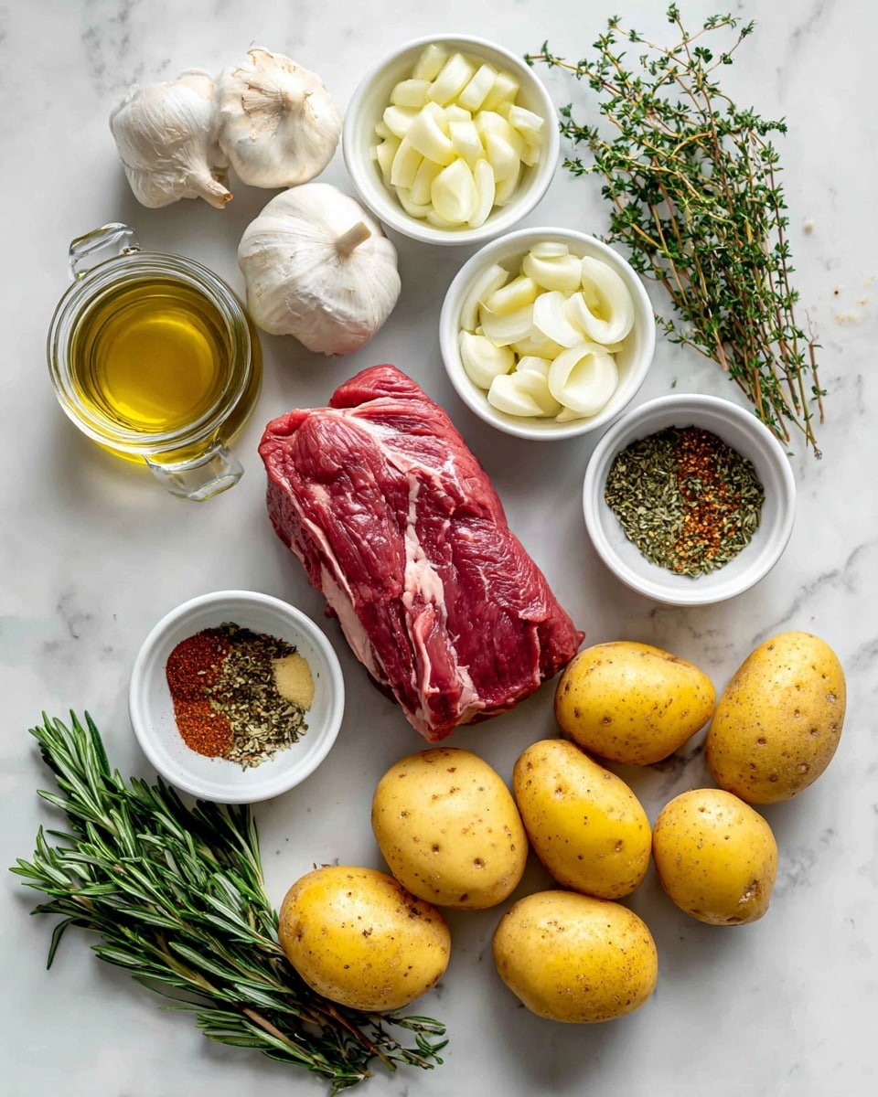 The image shows a flat lay of raw cooking ingredients arranged neatly on a white marbled surface. In the center is a single piece of raw red meat with visible white fat streaks. Around it are several small white bowls filled with light yellow sliced onions, whole white garlic bulbs, and a mix of ground spices including black pepper, chili powder, and green herbs. There are also whole yellow potatoes placed in groups, a small jar of golden olive oil, and fresh green rosemary and thyme sprigs positioned near the bottom. The colors are natural and earthy, and the textures vary from smooth olive oil to rough herb leaves and porous potato skin. The arrangement looks balanced and clear, with each ingredient separated but close enough to show a connection. Photo taken with an iphone --ar 4:5 --v 7