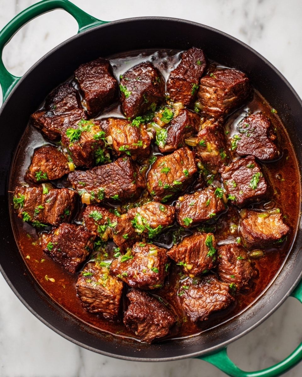 A close-up view of a green cast iron pan filled with thick pieces of cooked meat in rich, brown sauce. The meat has a slightly shiny, tender texture, with small bits of cooked onions mixed in and sprinkled with fresh green parsley leaves. The pan sits on a white marbled surface, and some parsley leaves are scattered around it. The image focuses on the juicy meat and sauce inside the pan. photo taken with an iphone --ar 4:5 --v 7