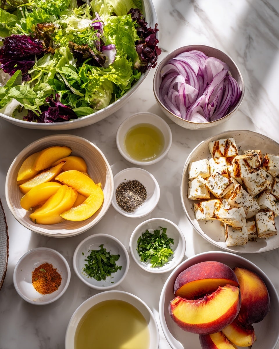 The image shows several white bowls arranged on a white marbled surface, each filled with fresh ingredients. One large bowl contains a mix of green leafy lettuce with some purple leaves. A smaller bowl has slices of purple-red onion, while another bowl holds bright yellow peach wedges. There is a bowl filled with grilled white cheese cubes that have grill marks on them. Another bowl contains sliced peach with vibrant red and yellow skin. There are also small white dishes holding chopped green herbs, a mix of black and white pepper, and a small amount of orange spice. Two bowls hold liquids, one with a pale yellow oil and the other a golden vinaigrette. The setting is brightly lit with natural light highlighting the colors and textures. photo taken with an iphone --ar 4:5 --v 7