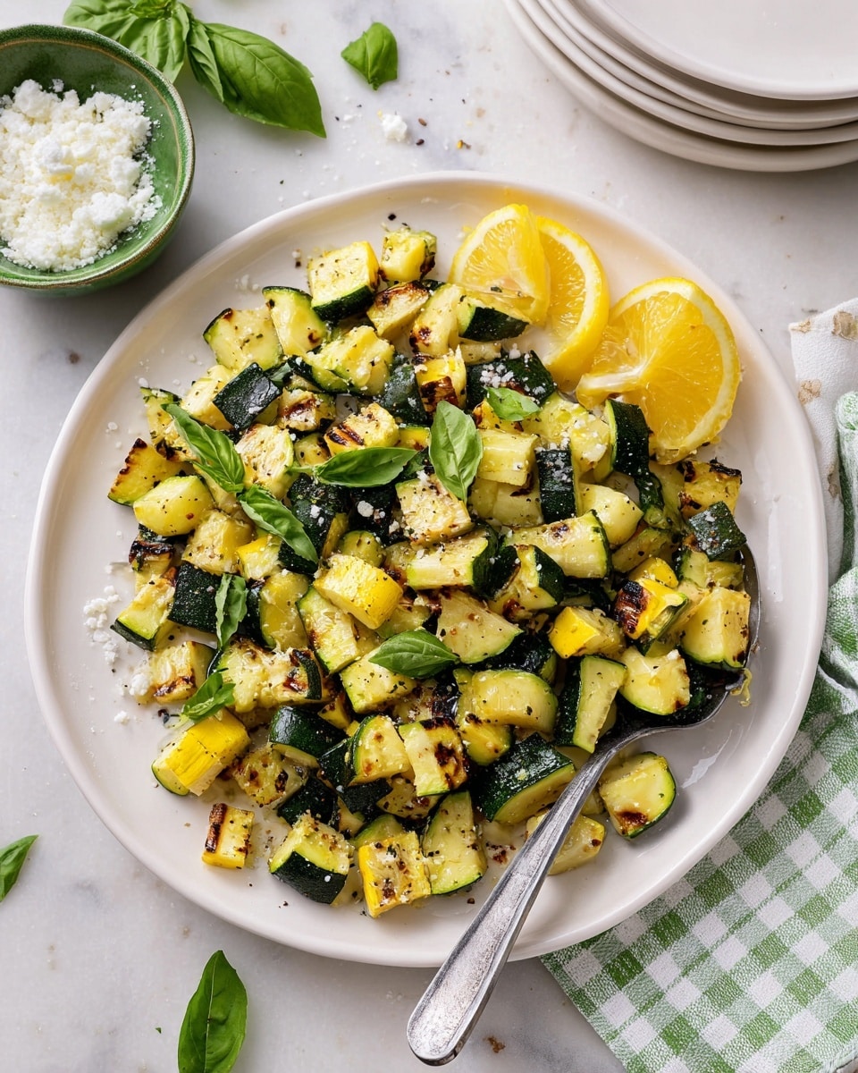 A white round plate with a mix of small grilled zucchini pieces, showing both green skin and lightly browned edges from cooking, scattered across the plate with some fresh green basil leaves placed on top. On one side of the plate, there are three lemon wedges arranged together, adding bright yellow color. Near the top edge, a small white bowl holds a portion of crumbled white cheese. A silver spoon with a small piece of zucchini is placed on the lower right side of the plate. The background is a white marbled surface with a green and white checkered cloth partially visible at the top right corner. photo taken with an iphone --ar 4:5 --v 7