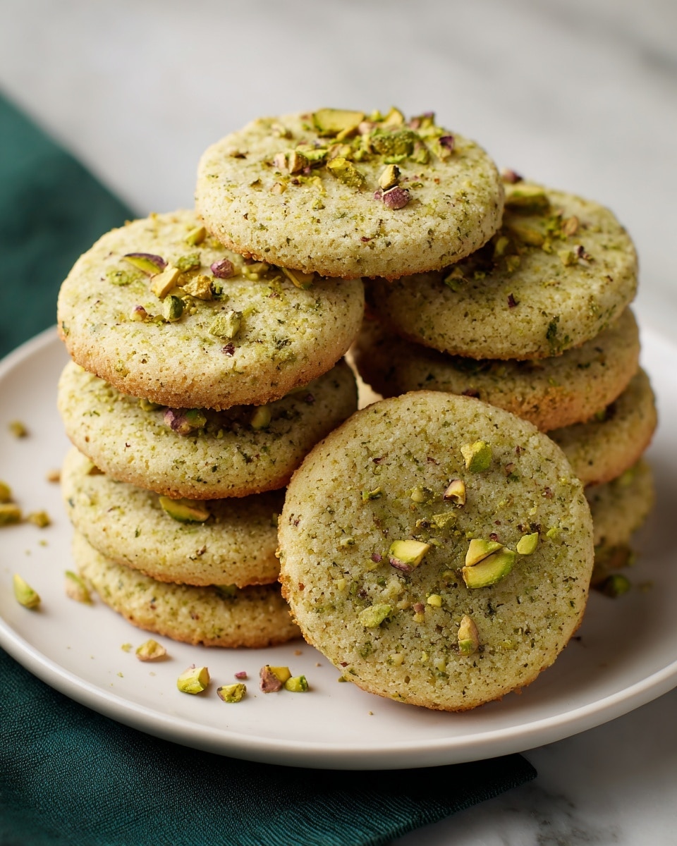A stack of green cookies with a rough texture is placed on a white plate with a light brown rim, sitting on a white marbled surface. Each cookie has a slightly browned edge and a green center, topped with small pieces of chopped pistachios giving a crunchy look. The cookies are piled in the middle of the plate with some pistachio pieces scattered around them, showing a soft and crumbly feel under warm light. photo taken with an iphone --ar 4:5 --v 7