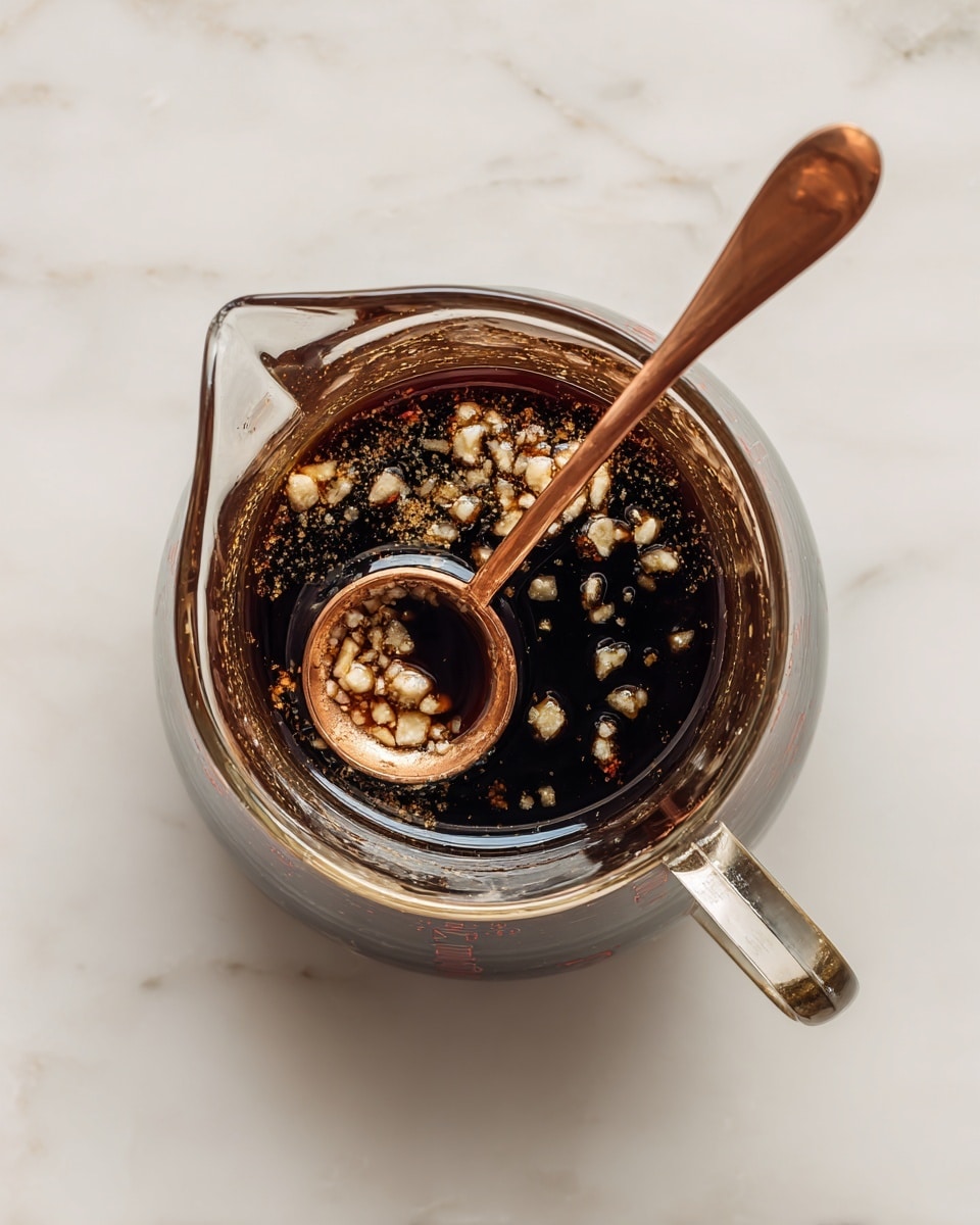A top-down view of a clear glass measuring cup holding a mix of small, light beige chopped ingredients floating in a dark brown liquid. Inside the cup, a copper measuring spoon is partially submerged, resting near the center. The measuring cup sits on a white marbled surface, with the clear glass revealing the mixture and the spoon inside clearly. photo taken with an iphone --ar 4:5 --v 7