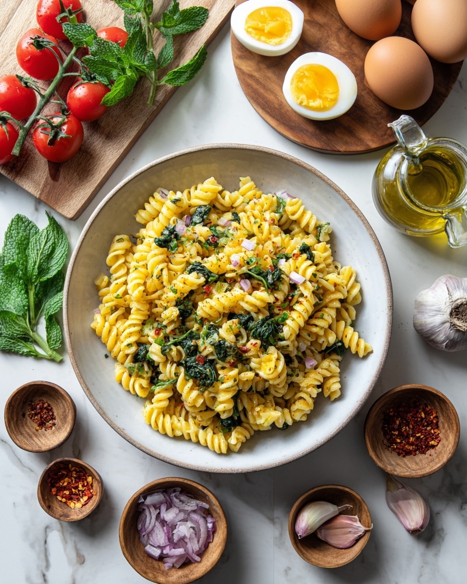 A bowl filled with yellow spiral pasta mixed with green spinach leaves and topped with small pieces of white onion and red chili flakes sits at the center on a white marbled surface. Around it, there are small wooden bowls with finely chopped red onions, dried red chili flakes, and green herbs, along with glass jars of olive oil and a glass with green herbs in oil. To the left, a wooden board holds bright red cherry tomatoes on the vine. Fresh green mint leaves are placed at the top left, and two halved boiled eggs show their yellow yolks on a wooden plate near the top right, accompanied by three whole brown eggs. Scattered cloves of garlic rest among the items. Photo taken with an iphone --ar 4:5 --v 7