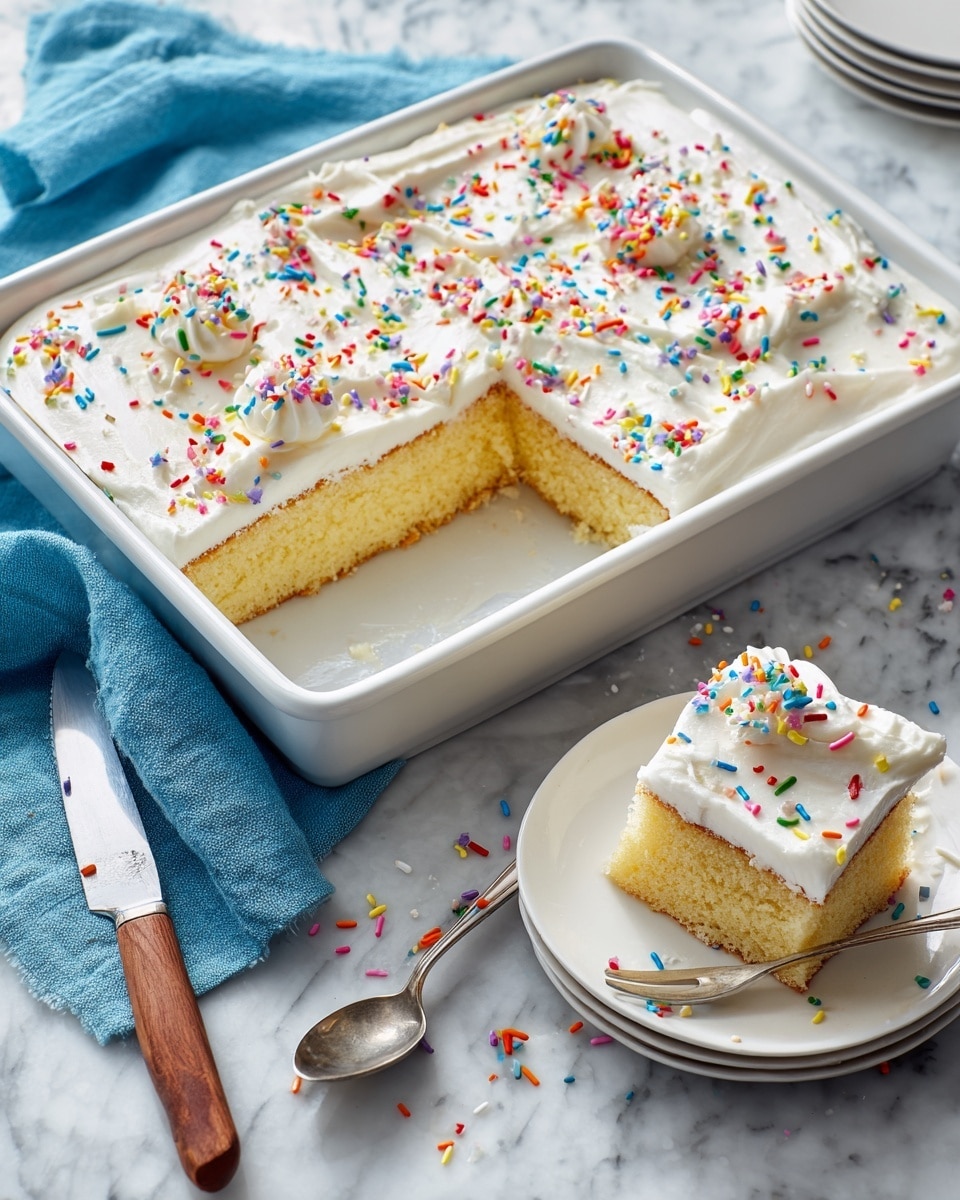 The image shows a square white baking pan with a frosted cake inside. The cake has thick, smooth white frosting on top, decorated with colorful round sprinkles scattered evenly across the surface. One large rectangular piece of cake has been removed, revealing soft, light yellow layers beneath the frosting. Next to the pan is a small white plate with a round slice of cake, topped with the same white frosting and sprinkles. A knife with a brown handle and a spoon rest beside the plate. The scene is set on a white marbled surface with a blue cloth partly visible on the side. Photo taken with an iphone --ar 4:5 --v 7
