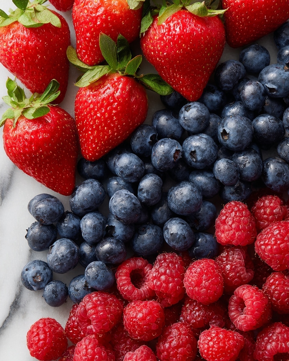 The image shows three layers of fresh berries arranged on a white marbled surface: the top layer is made up of bright red strawberries with green leaves, the middle layer has dark blue blueberries with a matte texture, and the bottom layer features small, round, red raspberries with a soft, bumpy texture. The berries are close together, filling the frame tightly. photo taken with an iphone --ar 4:5 --v 7