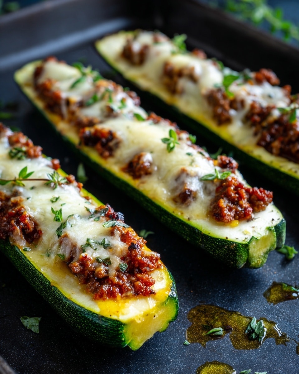 The image shows four zucchini boats on a white baking tray placed on a white marbled surface. Each zucchini boat is sliced lengthwise and hollowed out, filled with a layer of browned ground meat mixed with small diced vegetables. On top, there is a layer of melted yellow cheese that is slightly browned. Each boat is garnished with a dollop of white sour cream, two small bright red cherry tomato halves, and thin light green slices of avocado. The colors are fresh and vibrant with the green zucchini, brown meat, yellow cheese, white cream, red tomato, and avocado all visible clearly. Photo taken with an iphone --ar 4:5 --v 7