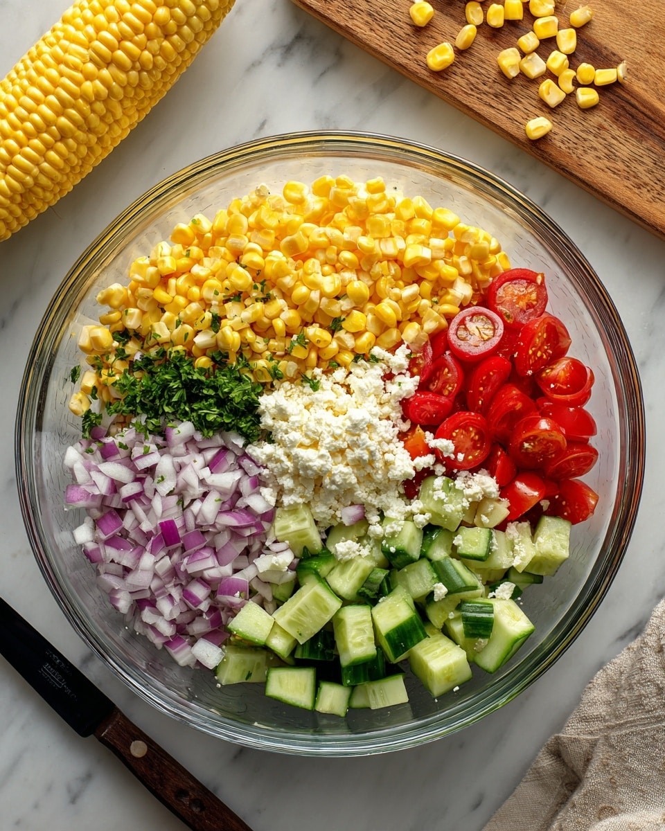 The image shows a clear glass bowl filled with separate sections of fresh ingredients arranged side by side. Starting from the top left and moving clockwise, there are bright yellow corn kernels with some white kernels mixed in, finely chopped green herbs, small red cherry tomato halves, small diced green bell peppers, finely chopped red onions, small diced red bell peppers, sliced cucumber pieces, and a small pile of crumbly white cheese in the center. The bowl sits on a white marbled surface. In the top left of the image, a wooden cutting board holds a whole corn cob and scattered yellow corn kernels. A black-handled knife is also visible on the cutting board. photo taken with an iphone --ar 4:5 --v 7
