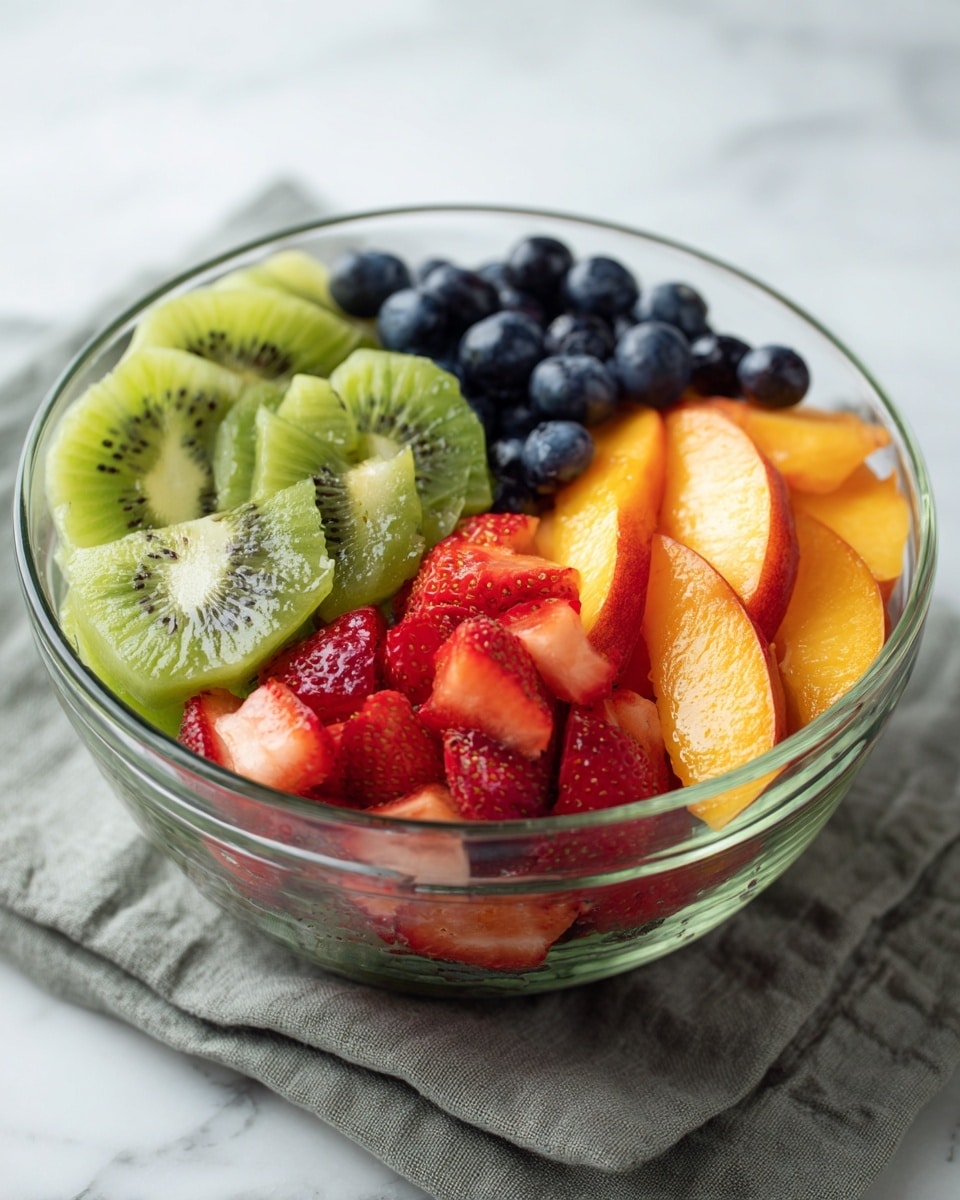 A clear glass bowl sits on a gray cloth on a white marbled surface. Inside the bowl are four layers of fruit, each sectioned clearly: bright green sliced kiwi with visible seeds in the front, fresh red sliced strawberries to the right of the kiwi, deep blue blueberries behind the kiwi, and orange peach slices behind the strawberries and blueberries. The fruits look fresh and juicy, arranged neatly inside the bowl, showing a mix of vibrant colors and soft textures. Photo taken with an iphone --ar 4:5 --v 7