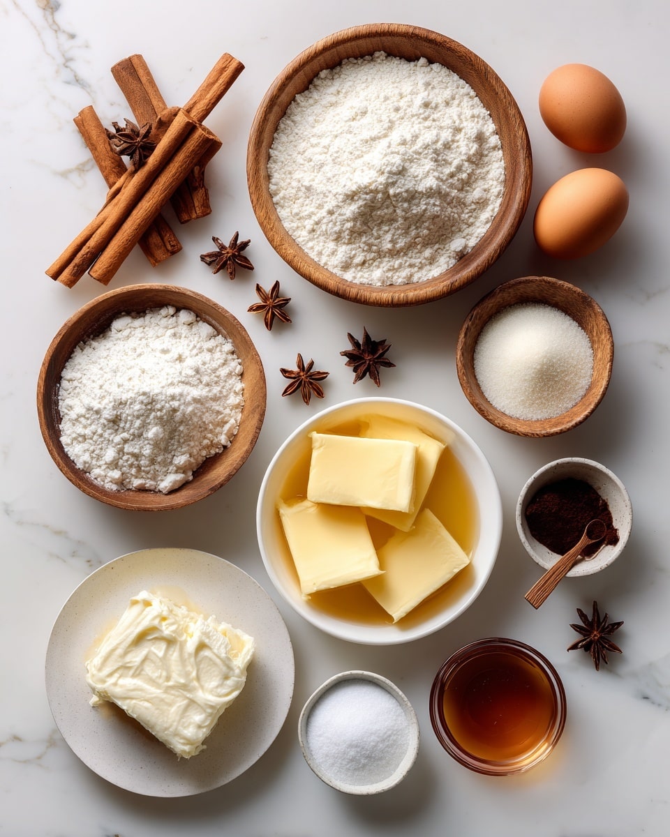 The image shows a flat lay of baking ingredients arranged neatly on a white marbled surface. There are two wooden bowls filled with a white powder, likely flour, one larger and one smaller, placed near the center and top right. Three brown eggs are placed in a diagonal line from top middle to center. On the left, cinnamon sticks and star anise pods are arranged next to a smaller bowl filled with brown powder, and below that, a white bowl with three pads of butter in a yellow liquid, probably melted butter or oil. A small bowl with a dark brown paste and another small white bowl with a white powder are also visible. Towards the bottom left, a plate with a white creamy cheese or butter is shown, and near the bottom center, two small white bowls hold liquid and powder, possibly milk and baking powder or sugar. A small clear glass bowl with a dark amber liquid, likely syrup or honey, is near the bottom right, alongside another star anise. A tiny wooden spoon rests in a small bowl with brown powder near the top right. The overall setup is clean, with a warm and inviting tone. Photo taken with an iphone --ar 4:5 --v 7