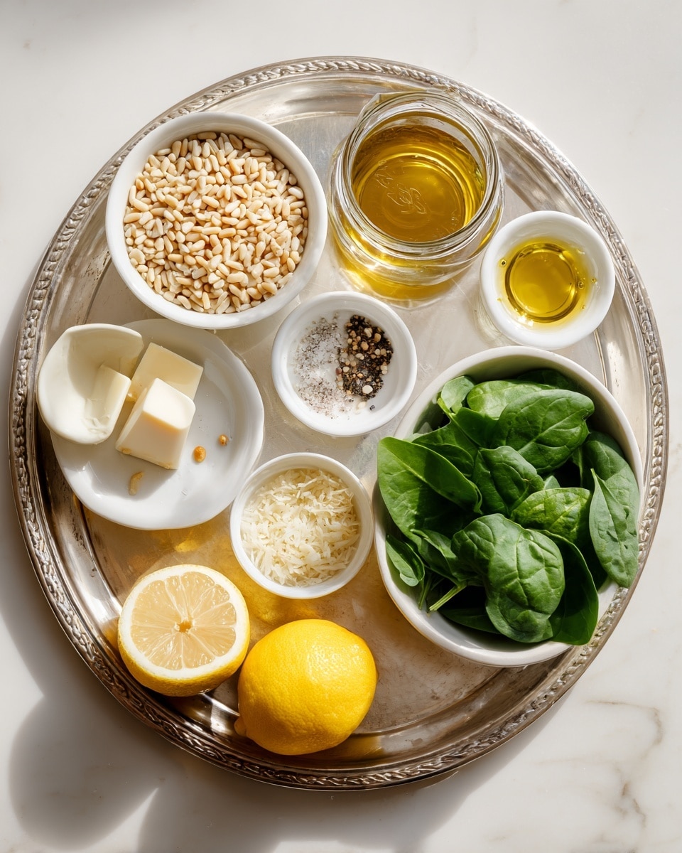 The image shows a silver tray on a white marbled surface holding small white bowls and a jar with different ingredients. There are three halves of a yellow lemon placed at the bottom center. Clockwise from top left, a small block of light cream butter, a white bowl filled with light brown orzo grains, a glass jar with golden brown broth, a small white bowl with light beige pine nuts, a small glass jar with yellow olive oil, a white bowl with grated pale yellow parmesan cheese, a small white bowl with salt and black pepper, a white bowl filled with fresh green spinach leaves in the center, a small white bowl with fresh green basil leaves, and a small white bowl with crushed pale yellow garlic. Everything is neatly arranged, clear, and well-lit, photo taken with an iphone --ar 4:5 --v 7