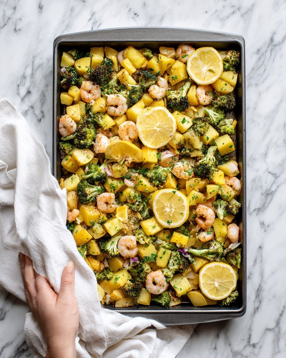 A large baking tray filled with a mix of small yellow potato pieces, green broccoli florets, pink and white shrimp scattered evenly across the tray, and a few bright yellow lemon wedges placed on top. The potatoes have a light golden-brown color with a slightly crispy texture, the broccoli looks tender and vibrant, and the shrimp are plump and slightly curled. Small green herb bits are sprinkled over the dish adding a fresh touch. The tray is held by a woman's hand using a white cloth, all set on a white marbled surface. photo taken with an iphone --ar 4:5 --v 7