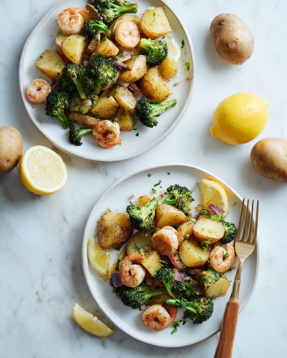 Two white plates are filled with a dish made of small yellow potato halves, green broccoli florets, and pieces of white shrimp with light pink edges. Each plate shows a mix of these ingredients scattered evenly, with lemon wedges placed on top. The potatoes have a soft texture, while the broccoli looks cooked but still firm with a slightly charred look on some parts. Small green herb pieces are sprinkled over the food to add color. A wooden fork rests on the plate in front, with a woman's hand holding it gently. The plates sit on a white marbled surface with whole yellow potatoes and a lemon wedge placed nearby. A white cloth is partly under the front plate. The lighting is soft and natural. photo taken with an iphone --ar 4:5 --v 7
