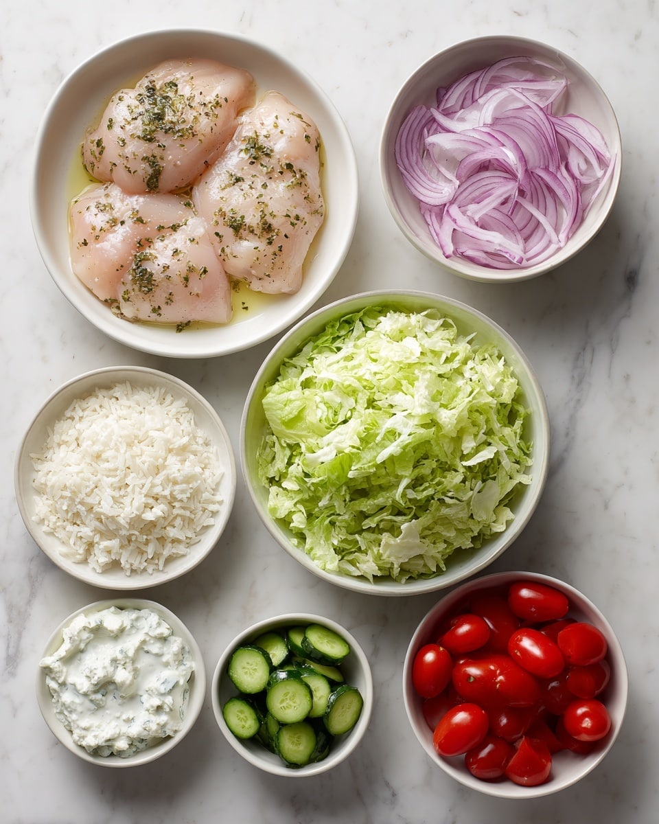 A top view of eight white bowls arranged on a white marbled surface, each holding different fresh ingredients. The largest bowl at the top left contains three pieces of raw chicken seasoned with marinade, showing a pale pink color with specks of herbs and spices and some oil around them. To the right is a small bowl of thinly sliced red onions in light purple tones. Below the chicken bowl is a small bowl filled with white crumbled feta cheese. Next to it, a medium bowl holds shredded romaine lettuce in shades of green, slightly layered with a leafy texture. To the right of the romaine is a small bowl of cucumber pieces, light green with darker green peel edges. Below the romaine bowl is a medium bowl of plain white rice, fluffy with some separation visible. To the right of the rice is a small bowl of halved cherry tomatoes, glossy and bright red. Above the tomatoes and near the center right is a medium bowl of creamy tzatziki sauce, white with light green herbs mixed in, showing a smooth texture. All bowls have clean and simple white rims. Photo taken with an iphone --ar 4:5 --v 7