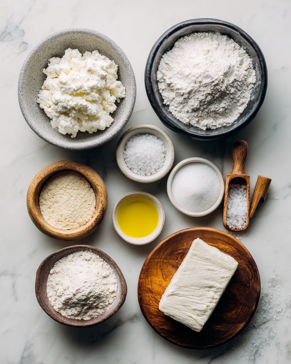 This image shows a neat arrangement of ten small bowls and piles on a white marbled surface, each containing different baking ingredients. Starting from the top left, there is a gray bowl filled with white cottage cheese with a rough texture. Next to it on the right is a black bowl full of white flour powder. Below the flour is a pile of white powdery flour on the surface. A wooden small bowl to the right holds a white powder, possibly baking powder. Next to it, a tiny wooden scoop has a small amount of white salt. Below that, another small white bowl contains coarse white salt crystals. At the center sits a small white bowl filled with golden yellow oil. To the left of it, a round wooden bowl holds white granulated sugar. Below the sugar, a wooden bowl with a light beige powder, maybe almond meal. On the bottom right, a wooden plate supports a thick slab of white cream cheese. The clean and simple layout is nicely lit from above. Photo taken with an iphone --ar 4:5 --v 7