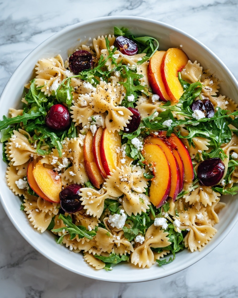 The dish is a colorful bowl of pasta salad with three main layers. The base layer consists of light cream-colored farfalle pasta with a slightly glossy texture, spread evenly across the white bowl. The middle layer has bright green leafy arugula scattered throughout, adding fresh texture and contrast. The top layer features slices of orange-yellow peach wedges with red edges, and halved dark red cherries, adding vibrant pops of color. Small white crumbles of cheese and a sprinkle of black pepper are distributed over the salad. The bowl is placed on a white marbled surface. photo taken with an iphone --ar 4:5 --v 7