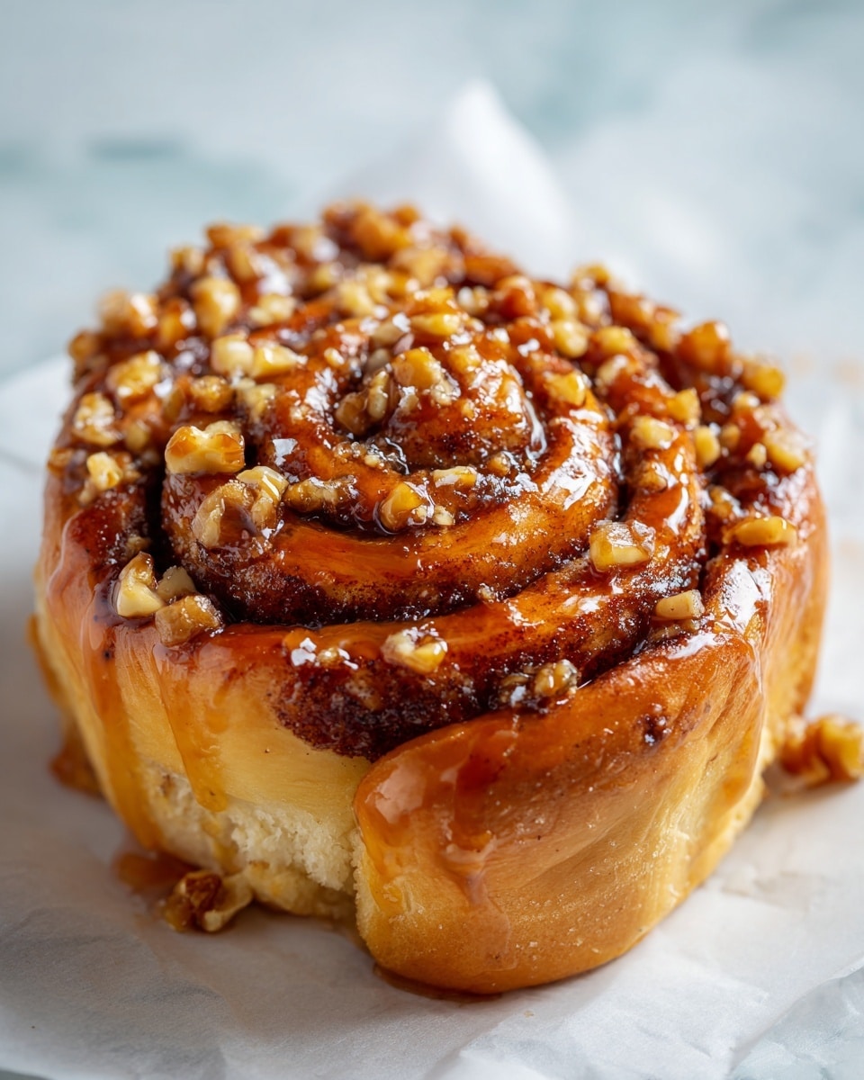 A close-up of a swirled cinnamon roll with sticky layers showing a rich golden-brown dough mixed with darker cinnamon filling, topped with chopped nuts in warm caramel glaze. The roll has thick, soft layers inside with a glossy, nut-studded crust on top, placed on white baking paper over a wooden table with a white marbled background. photo taken with an iphone --ar 4:5 --v 7