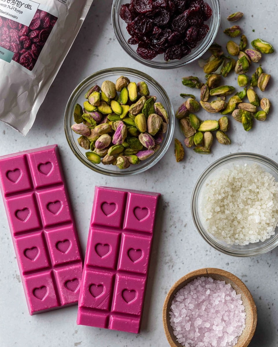 A flat lay of various ingredients on a white marbled surface shows a white packet of Ocean Spray dried cranberries on the left, a small clear glass bowl with pistachios showing green and purple hues near the center, next to two pink wrapped bars of Chocolove Ruby chocolate with one partially unwrapped to reveal bright pink chocolate squares embossed with hearts, and another small clear glass bowl filled with white coarse salt flakes at the bottom right. Photo taken with an iphone --ar 4:5 --v 7