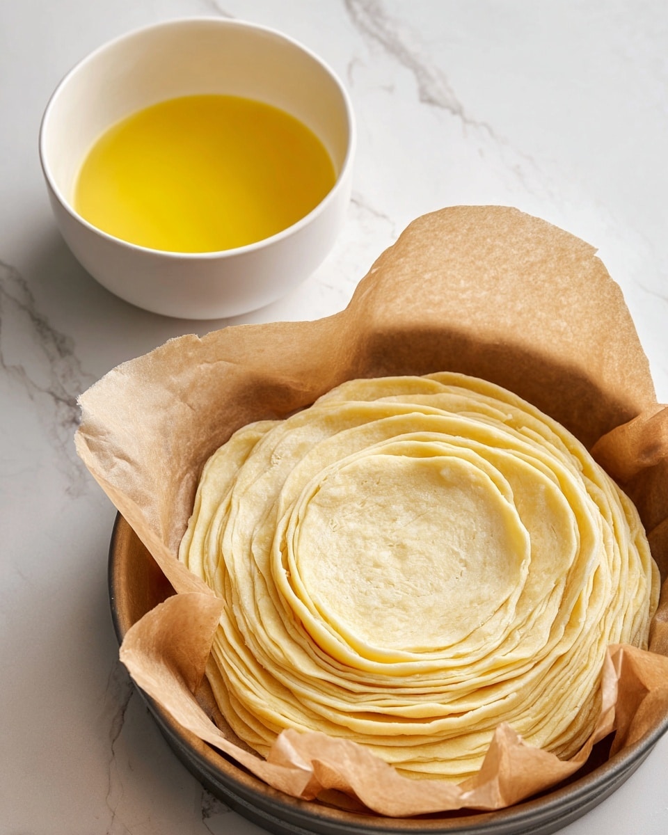 The image shows a stack of thin, pale yellow dough sheets arranged in a neat pile on a white marbled surface to the right, with some edges slightly crinkled. To the left, there is a round baking pan lined with brown parchment paper holding the dough rolled in a spiral shape with visible soft folds and layers. Behind the pan, a white bowl contains a bright yellow liquid, likely butter or oil. The whole setup rests on a white marbled surface. photo taken with an iphone --ar 4:5 --v 7