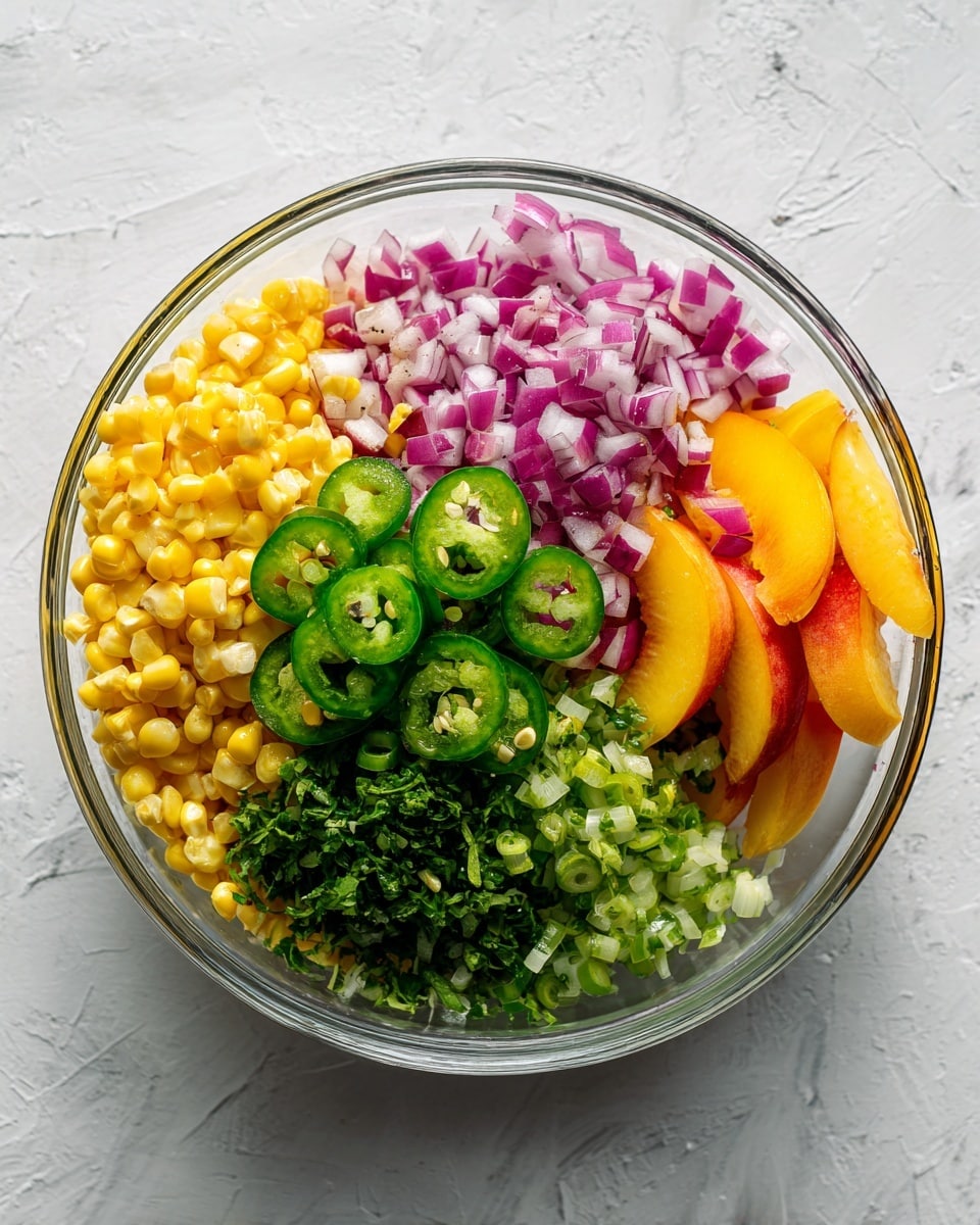A clear glass bowl is shown on a white marbled surface, filled with colorful chopped ingredients layered separately. At the bottom is a layer of small, bright yellow corn kernels, covered by piles of finely chopped red onions, green jalapeño pepper slices, and fresh green herbs in the center. Thin slices of orange peach are placed on the top right side, adding a bright and fresh touch with their smooth texture. The colors contrast sharply against the clear bowl and white marbled background, giving a fresh and vibrant look. Photo taken with an iphone --ar 4:5 --v 7