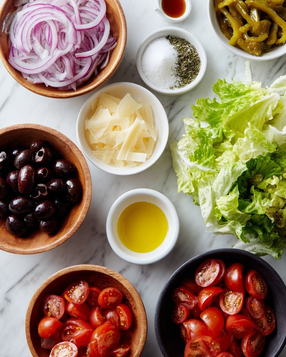 The image shows eight small bowls and a pile of leafy lettuce arranged on a white marbled surface. From left to right, the first bowl is wooden and filled with thin sliced red onions with purple and white colors. Below it, a white bowl holds thin, pale yellow cheese slices. At the center bottom, a white bowl contains shiny black olives. Above it, a small white bowl has bright yellow olive oil, and next to it, a smaller white bowl holds reddish-brown vinegar. Above the olives, a white bowl is divided, half filled with white granulated ingredients and the other half with green dried herbs. On the right side, a wooden bowl contains light green pepperoncini peppers. Below and right of it, a black bowl is filled with red cherry tomatoes, some sliced in half showing their juicy inside. On the far right, there is a pile of fresh green leafy lettuce with ruffled edges. photo taken with an iphone --ar 4:5 --v 7
