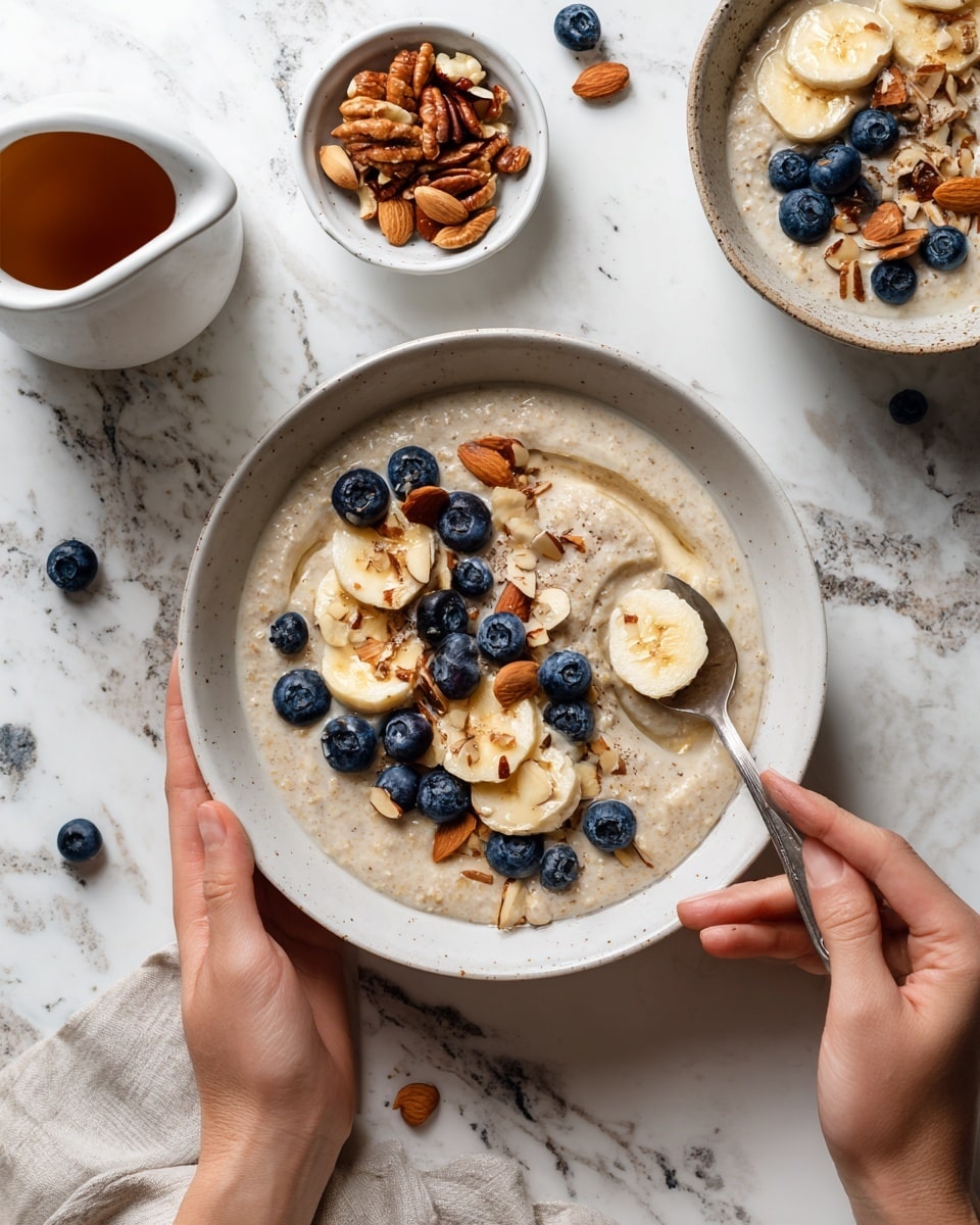 A white bowl filled with creamy oatmeal makes the base layer, topped with round slices of pale yellow banana, deep blue blueberries, and small pieces of chopped brown almonds scattered over the top. A woman's right hand holds a spoon inside the bowl on the right side while the woman's left hand gently holds the bowl on the left side. Nearby, a small white bowl filled with a mix of almonds and pecans, a white jug with dark syrup, and scattered blueberries sit on a smooth white marbled surface. A blue striped cloth partially peeks into the bottom right corner. photo taken with an iphone --ar 4:5 --v 7