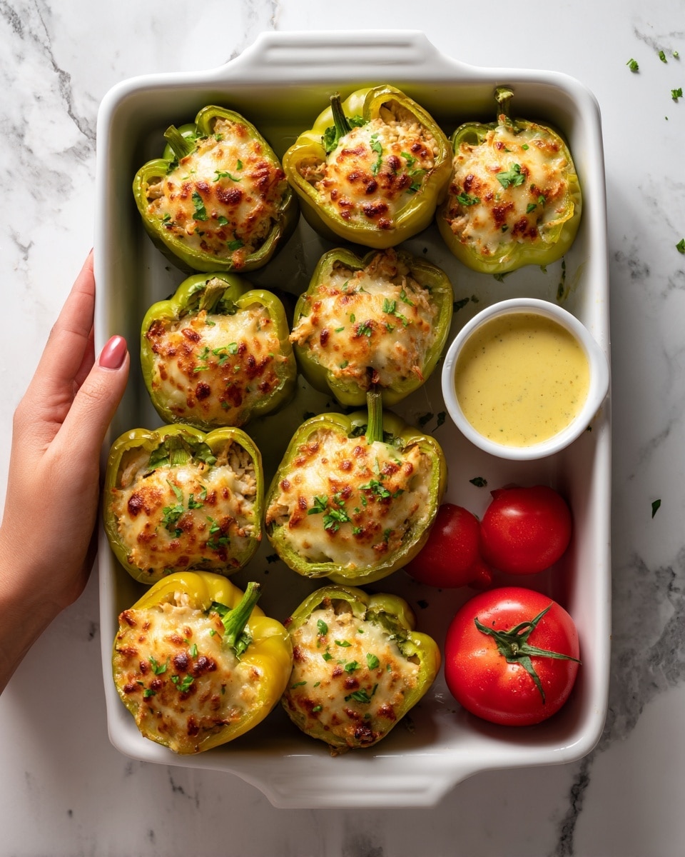 A white glass baking dish filled with eight stuffed stuffed bell pepper halves, each filled with layers of melted cheese, finely chopped chicken, and herbs, topped with browned melted cheese and some green garnish, one white woman’s hand holding a pepper half towards the camera. A small white cup filled with creamy mustard yellow sauce sits in the lower right corner inside the dish, and a few red tomatoes are on the white marbled surface in the bottom right corner. Photo taken with an iphone --ar 4:5 --v 7