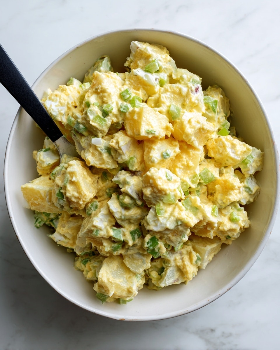 A white bowl filled with chunky potato salad that has three main layers of pale yellow creamy dressing covering soft, uneven pieces of potato and small bits of green celery mixed inside. A black spatula is partially inserted at the center left, resting inside the thick, dense salad. The bowl is set on a white marbled surface, providing a clean contrast to the rustic texture of the potato salad and the smooth white ceramic bowl. Photo taken with an iphone --ar 4:5 --v 7
