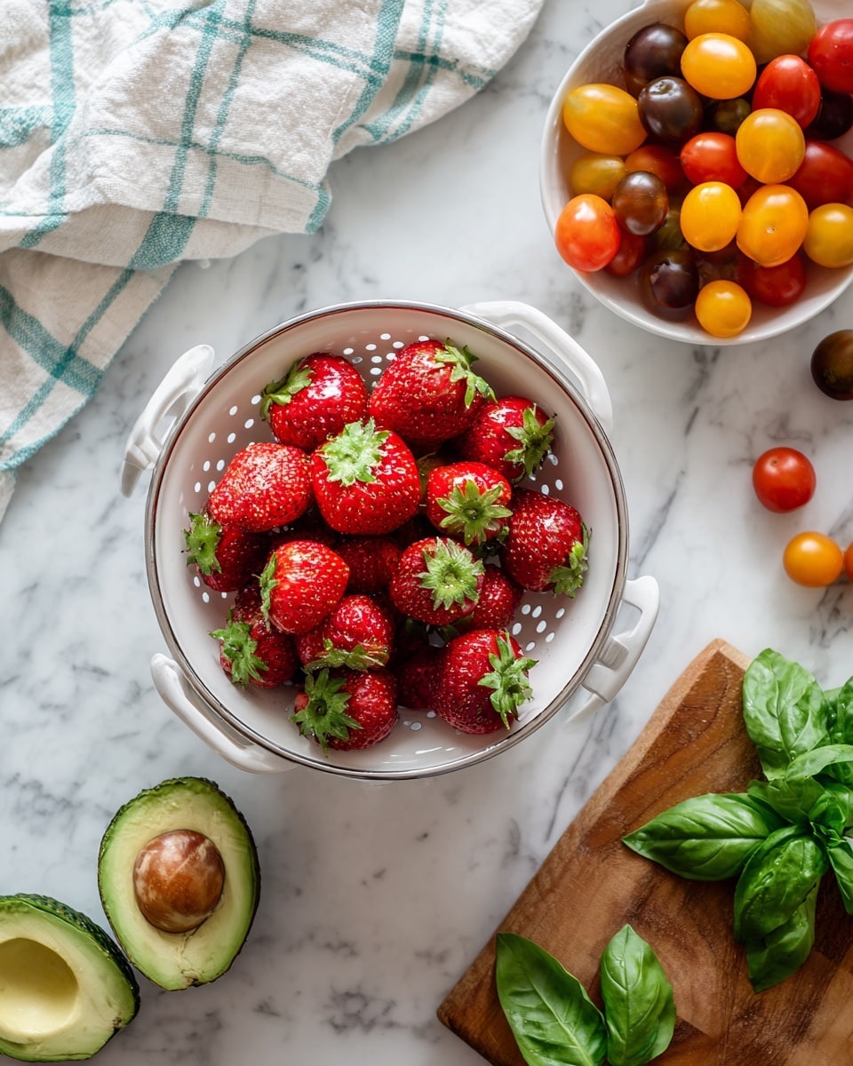 The image shows a white colander filled with fresh, bright red strawberries with green leaves on top, placed near a white bowl containing colorful cherry tomatoes in red, yellow, orange, and brown shades. Next to the bowl, there are two halves of a green avocado with a smooth creamy interior, one half with the seed and the other without. On the right side, fresh green basil leaves lie on a small wooden board. A light cream and blue-checked cloth is casually folded in the upper corner, all set on a white marbled surface. photo taken with an iphone --ar 4:5 --v 7