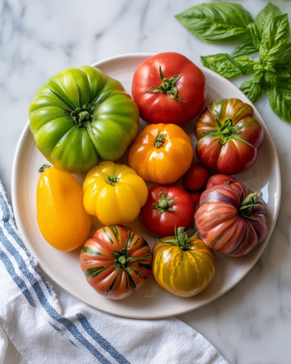A white plate holds a colorful group of tomatoes of many shapes and sizes. There are two large green tomatoes, three round red tomatoes, two orange and red striped tomatoes, two yellow oval tomatoes, two orange ribbed tomatoes, and three small round red tomatoes. The tomatoes are arranged closely, covering the plate surface. The plate sits on a white marbled surface with some fresh green basil leaves and a white cloth with blue stripes nearby. Photo taken with an iphone --ar 4:5 --v 7