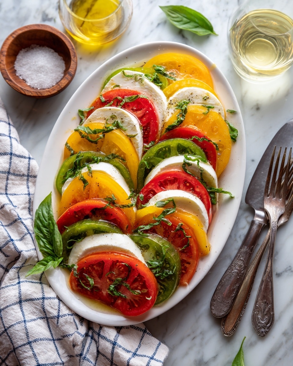 A white oval plate is filled with layers of sliced tomatoes in red, yellow, and green colors, each slice showing juicy texture and seeds. Between the tomato slices, smooth white mozzarella rounds create a soft contrast. Bright green basil leaves, some large and some small, are scattered over the layers, adding freshness and color. On the right side of the plate, two silver serving spoons rest gently. The plate is set on a white marbled surface with a glass of water above it. A small wooden bowl with salt and a small jar filled with golden olive oil are placed near the plate. Photo taken with an iphone --ar 4:5 --v 7