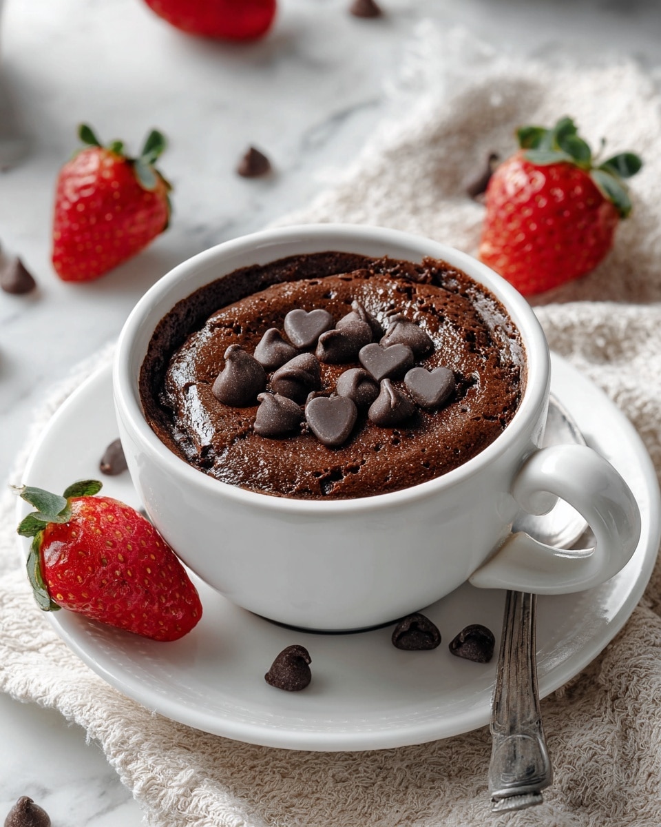A white ceramic cup filled with a thick, dark brown chocolate dessert that rises slightly above the rim, topped with several shiny chocolate chips that add a glossy texture and small heart shapes. The cup sits on a white saucer on a white marbled surface. Part of a beige textured cloth is visible in the background with some scattered strawberries and extra chocolate chips around the cup. Photo taken with an iphone --ar 4:5 --v 7