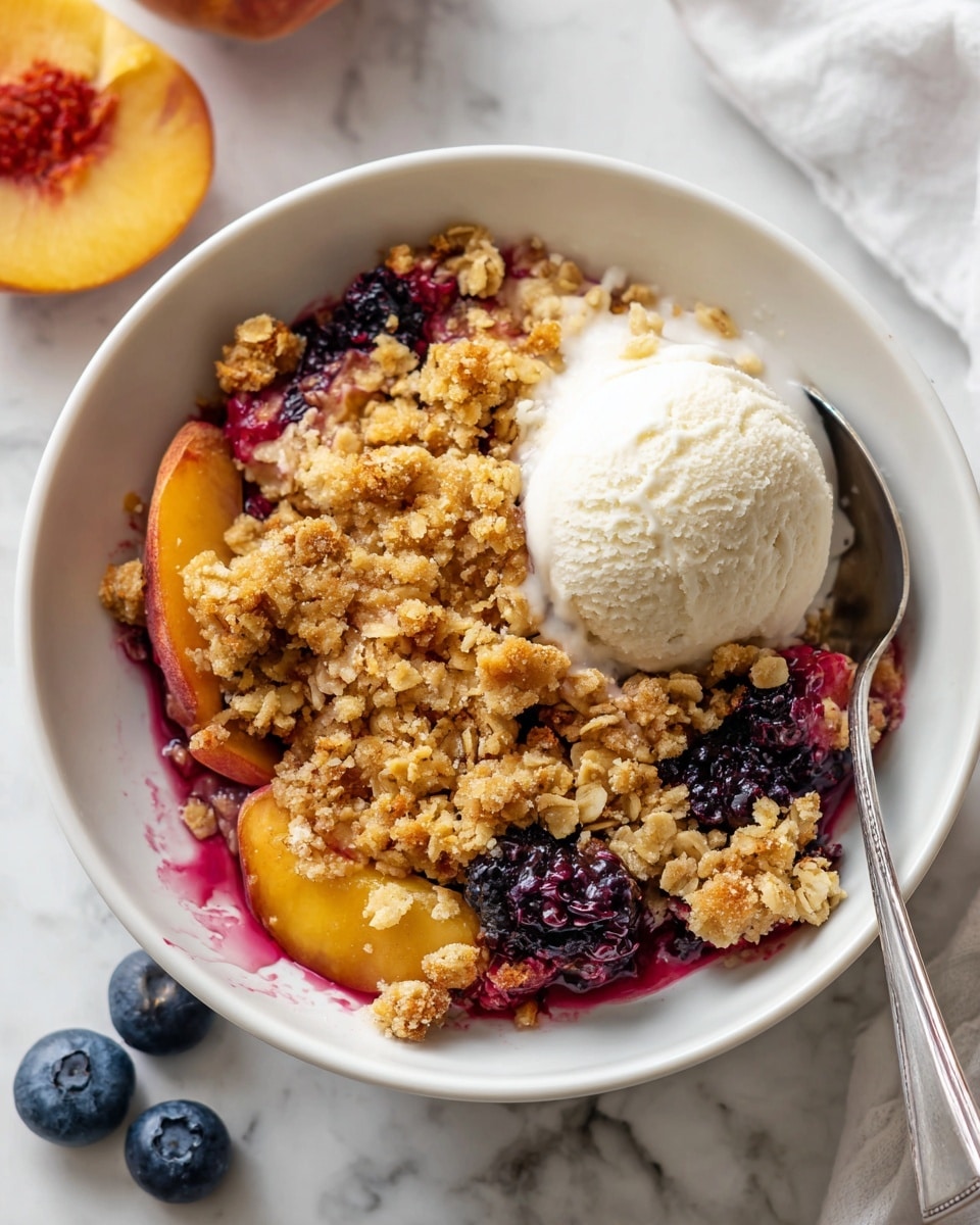 The image shows several clear glass bowls with different ingredients arranged neatly on a white marbled surface. One bowl is filled with fresh blueberries, deep blue in color and round in shape. Another bowl contains whole peaches, bright orange with a slight fuzz on the skin. There is a small bowl of golden brown sugar, looking grainy and textured. A white bowl holds white flour, soft and powdery. A small clear bowl contains an egg with a bright yellow yolk and translucent white. There are also clear containers with a white granular substance likely sugar, a pale yellow liquid that looks like oil, a clear liquid, and a small lemon. A woman's hand is reaching into the frame, touching one of the bowls. photo taken with an iphone --ar 4:5 --v 7
