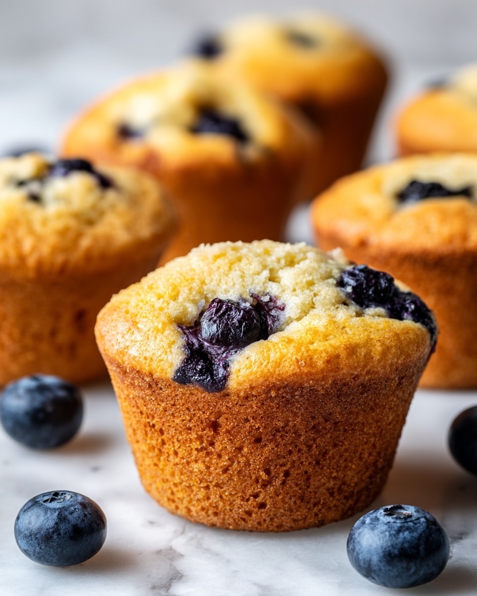 The image shows a grey muffin tray with five golden-brown muffins, each with visible dark blueberries baked inside and some on top. The muffins are each wrapped in light brown parchment paper that folds outward. One muffin cup is filled with fresh plump blueberries, while the remaining muffin cups are empty, showing the smooth, shiny metal. The tray is set on a soft cream-colored textured cloth, all placed on a white marbled surface. Photo taken with an iphone --ar 4:5 --v 7
