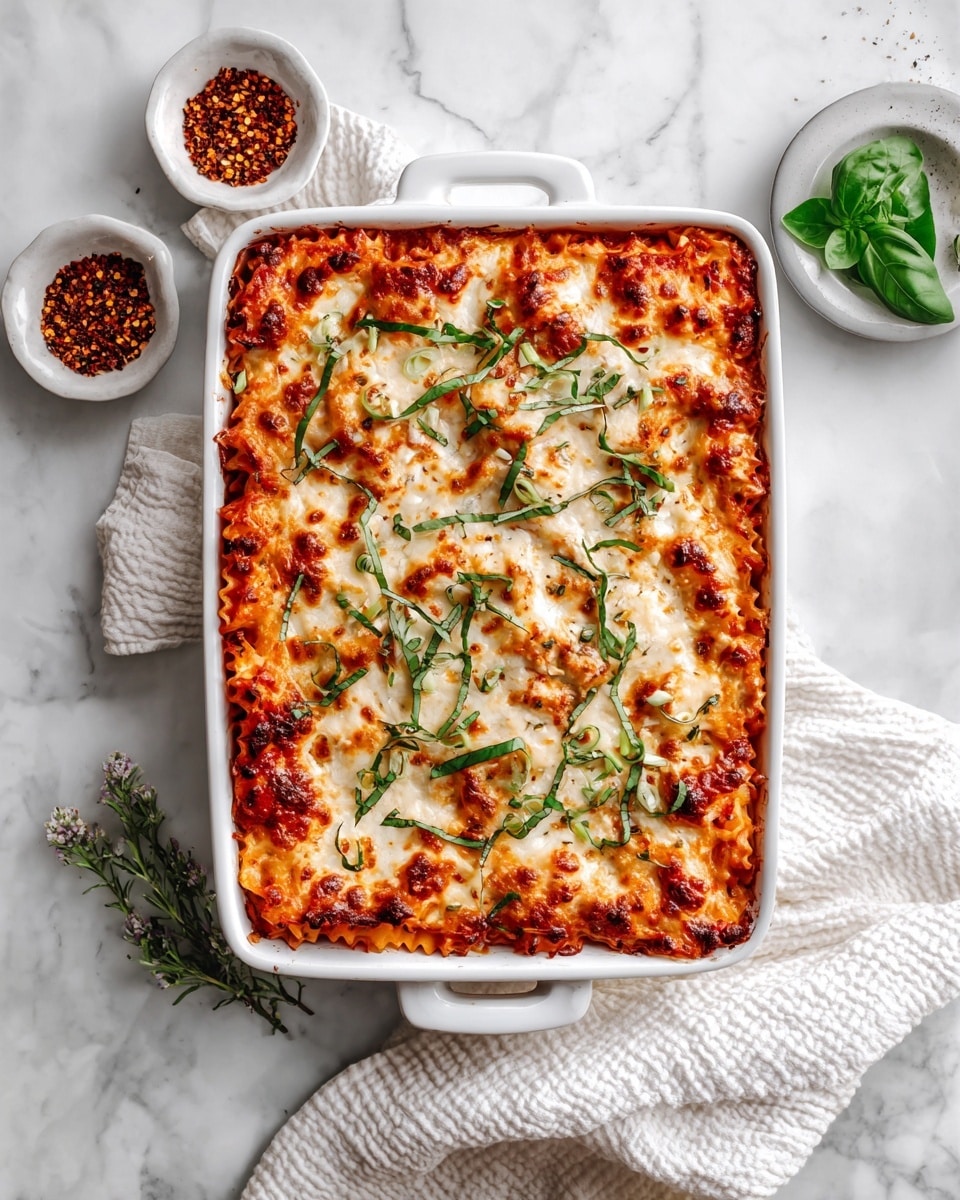 A white rectangular dish filled with baked pasta that has three main layers visible: the bottom layer is chunky pasta mixed with a rich orange tomato sauce, the middle layer is melted golden-brown cheese with some crispy edges, and the top layer is scattered fresh green basil leaves and thinly sliced basil strips that add a fresh touch. The dish is placed on a white marbled surface with a white cloth partially under the dish and two small earthenware bowls nearby, one containing red chili flakes and the other sliced basil. Photo taken with an iphone --ar 4:5 --v 7