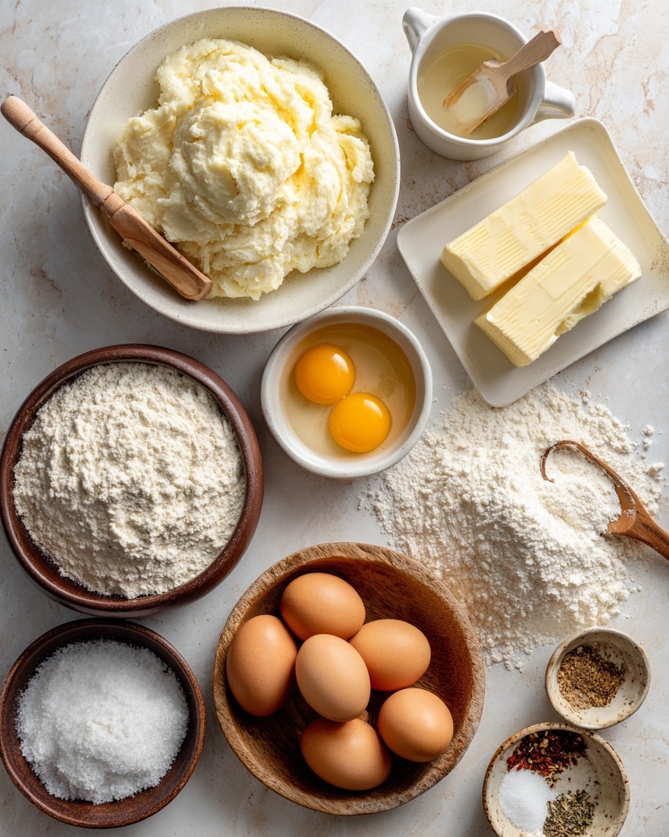 The image shows an overhead view of several bowls and a wooden scoop arranged on a white marbled surface, each holding different baking ingredients. Starting from the top left, there is a white bowl filled with a mound of thick, mashed cream. To the right of it is a small wooden scoop holding a pale liquid. Below the mashed cream is a white mug containing two raw egg yolks. To the right of the eggs, a white plate holds three rectangular, pale yellow sticks of butter. Next to the butter is a large pile of fine white flour directly on the white marbled surface. Below the flour pile is a wooden bowl filled with a group of whole brown eggs, with a few eggs gently spilling onto the surface. To the bottom left, a dark brown bowl contains a heap of white flour. Above this, a small wooden bowl holds a golden liquid. In the center near the eggs, a small wooden bowl is filled with coarse white salt crystals. Finally, at the bottom right, a light ceramic bowl holds a small mix of spices and white salt. photo taken with an iphone --ar 4:5 --v 7