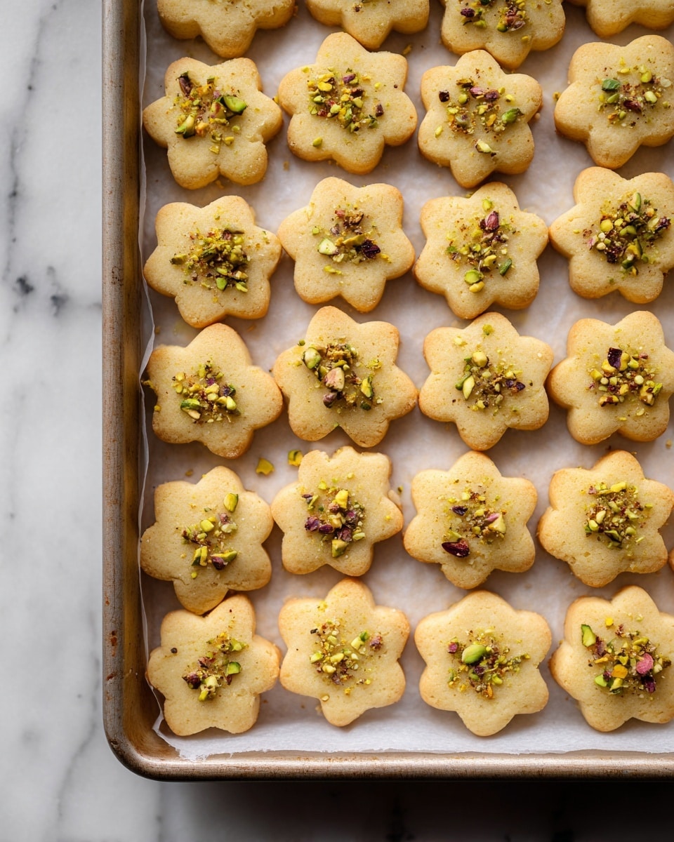 The image shows many small cookies on a baking tray lined with white baking paper. Each cookie is shaped like a flower with six petals and has a light golden brown color. On top of each cookie, there is a small pile of crushed green pistachio nuts, adding texture and color contrast. The cookies are arranged in neat rows, and some crumbs are scattered around. The baking tray sits on a white marbled surface. photo taken with an iphone --ar 4:5 --v 7