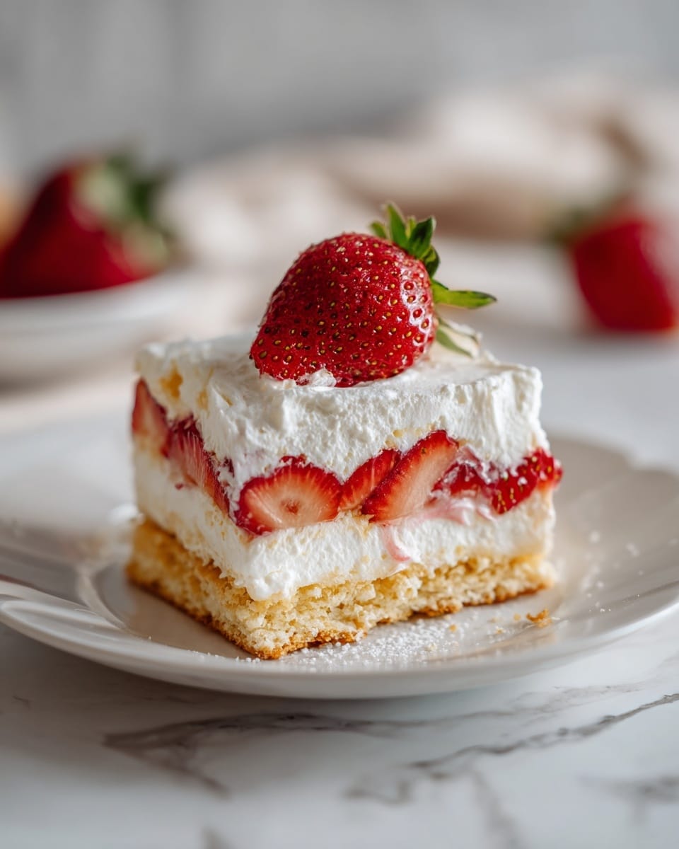 A shortcake dessert is shown with three main layers stacked: the bottom layer is a thick, round, golden-brown biscuit with a crumbly texture, topped by fresh red strawberry slices layered on a generous white whipped cream. Above this, there is another thick biscuit layer, topped again with a smooth, fluffy white whipped cream and a fresh strawberry half with its green leaf on top. The dessert sits on a white plate against a white marbled surface background. Photo taken with an iphone --ar 4:5 --v 7