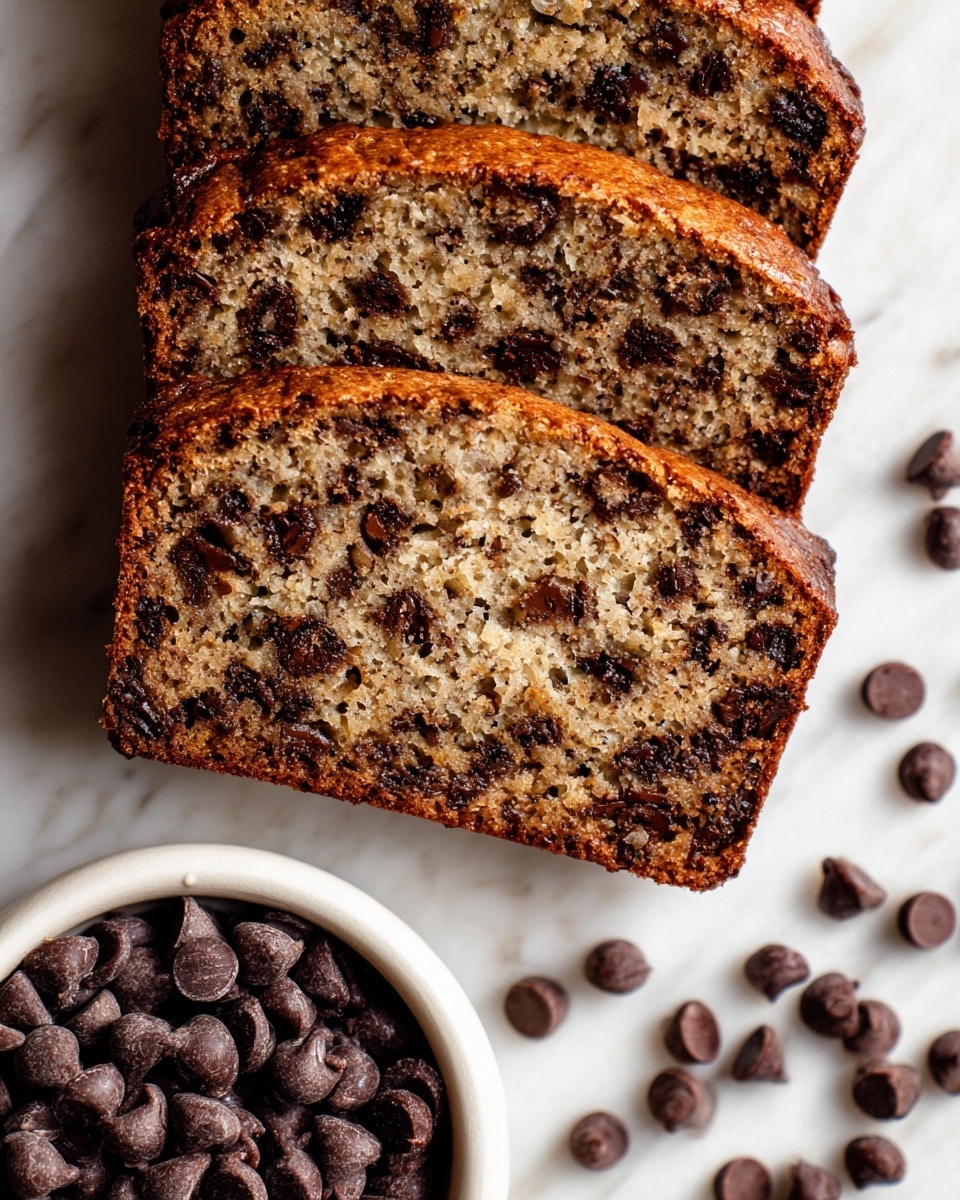 The image shows a close-up of a thick slice of chocolate chip banana bread with a rough, slightly crumbly texture. The bread is light brown with dark chocolate chips spread evenly throughout, adding small spots of deep brown. The edges of the slice are darker and appear crispier. Several more pieces can be seen blurred in the background, all resting on a white marbled surface. To the side, there is a white bowl filled with more dark chocolate chips, with a few chips spilled onto the surface. The overall look is warm and inviting, focused on the rich textures and chocolate spots. photo taken with an iphone --ar 4:5 --v 7
