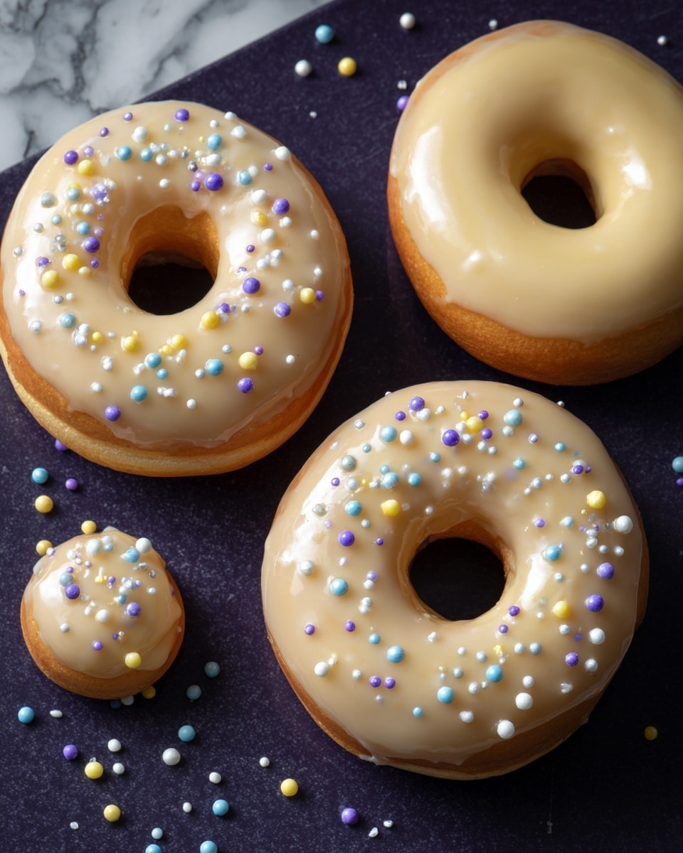 The image shows three glazed donuts on a dark surface with one donut having colorful round sprinkles on its glaze. The main donut in the center has a smooth, shiny white glaze layer covered in small sprinkles of light blue, yellow, purple, and white, scattered both on the donut and on the surface around it. Another donut to the top left also has the same glaze and sprinkles, while the top right donut is coated with plain shiny white glaze without sprinkles. A small glazed donut hole with the same white glaze is visible at the bottom left, and the background is a white marbled texture. photo taken with an iphone --ar 4:5 --v 7