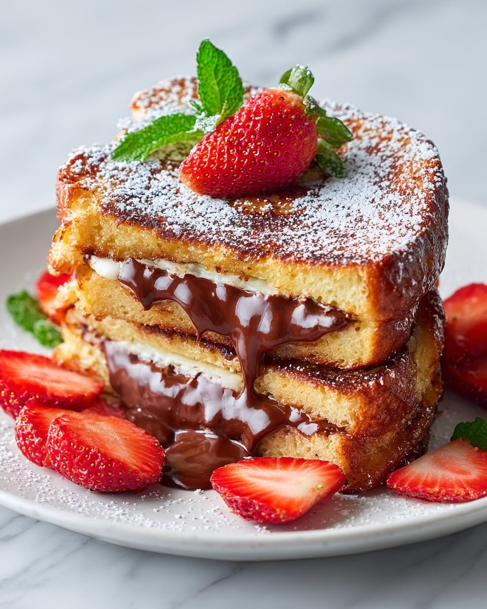 A white plate holds two thick, golden-brown slices of French toast stacked on top of each other. Between the slices, there is a rich, melted chocolate spread flowing out. The top slice is dusted with a light layer of powdered sugar, with a whole red strawberry and fresh green mint leaves placed on top. Around the toast on the plate, there are several halved and whole bright red strawberries, also sprinkled with powdered sugar. The whole setting is on a white marbled surface. photo taken with an iphone --ar 4:5 --v 7