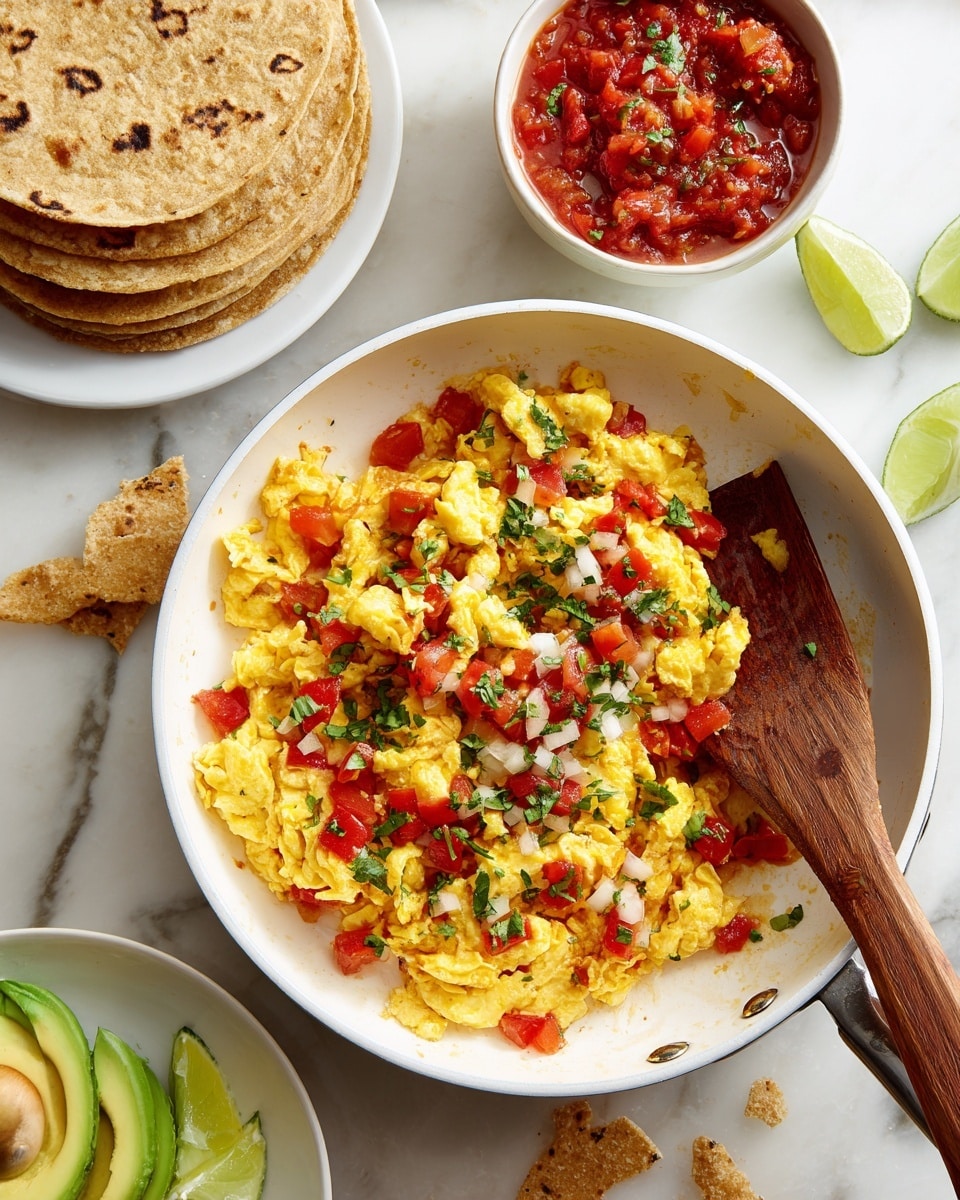 A white pan with a red handle holds scrambled eggs mixed with small pieces of red bell pepper and white onion, topped with finely chopped green herbs. A wooden spatula rests inside the pan, partially covered by the eggs. Nearby on the white marbled surface, there is a round stack of yellow corn tortillas on the right side and a white bowl with red salsa above the pan. On the left side, a plate holds sliced avocado and lime wedges. Some broken tortilla chips are scattered around the pan. Photo taken with an iphone --ar 4:5 --v 7