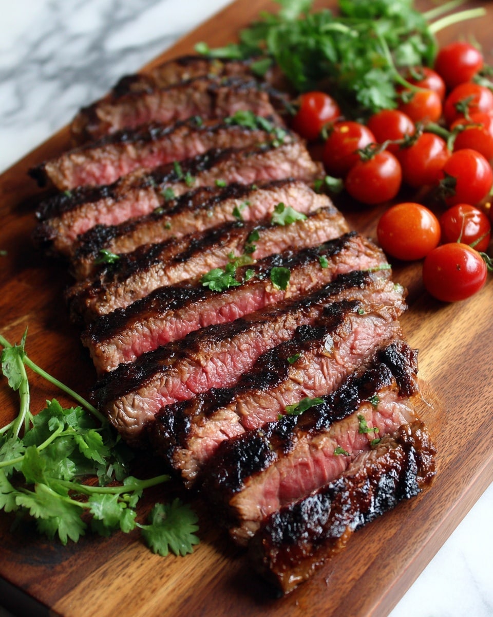 The image shows a wooden board with two rows of sliced grilled steak. The steak slices are pink in the center and dark brown with grill marks on the outside. At the bottom right corner of the board, bright red grape tomatoes and green curly parsley leaves are placed as garnish. The texture of the steak looks juicy and tender with a slight char on the edges. The background is a white marbled texture. Photo taken with an iphone --ar 4:5 --v 7